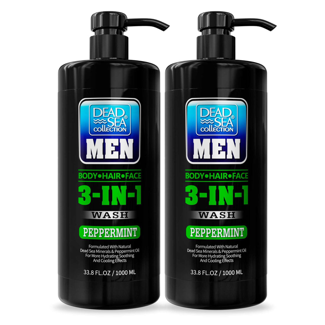 Dead Sea Collection Mens Body Wash 3 in 1 – Peppermint Body Wash for Men – Shower Gel – Shampoo – Shower Soap for Face and Hair – Pack of 2 Bottles (33.8 Fl. Oz. Each)