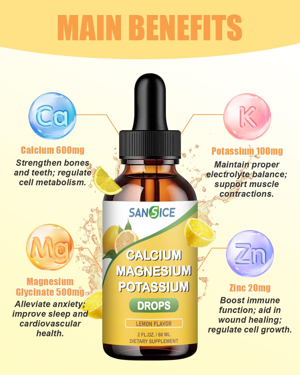 SANSICE Calcium Magnesium Potassium Liquid Drops, 400mg Magnesium Glycinate, 600mg Calcium Potassium Magnesium Drop Supplement with Vitamin D and Zinc (60ml/Lemon Flavor)