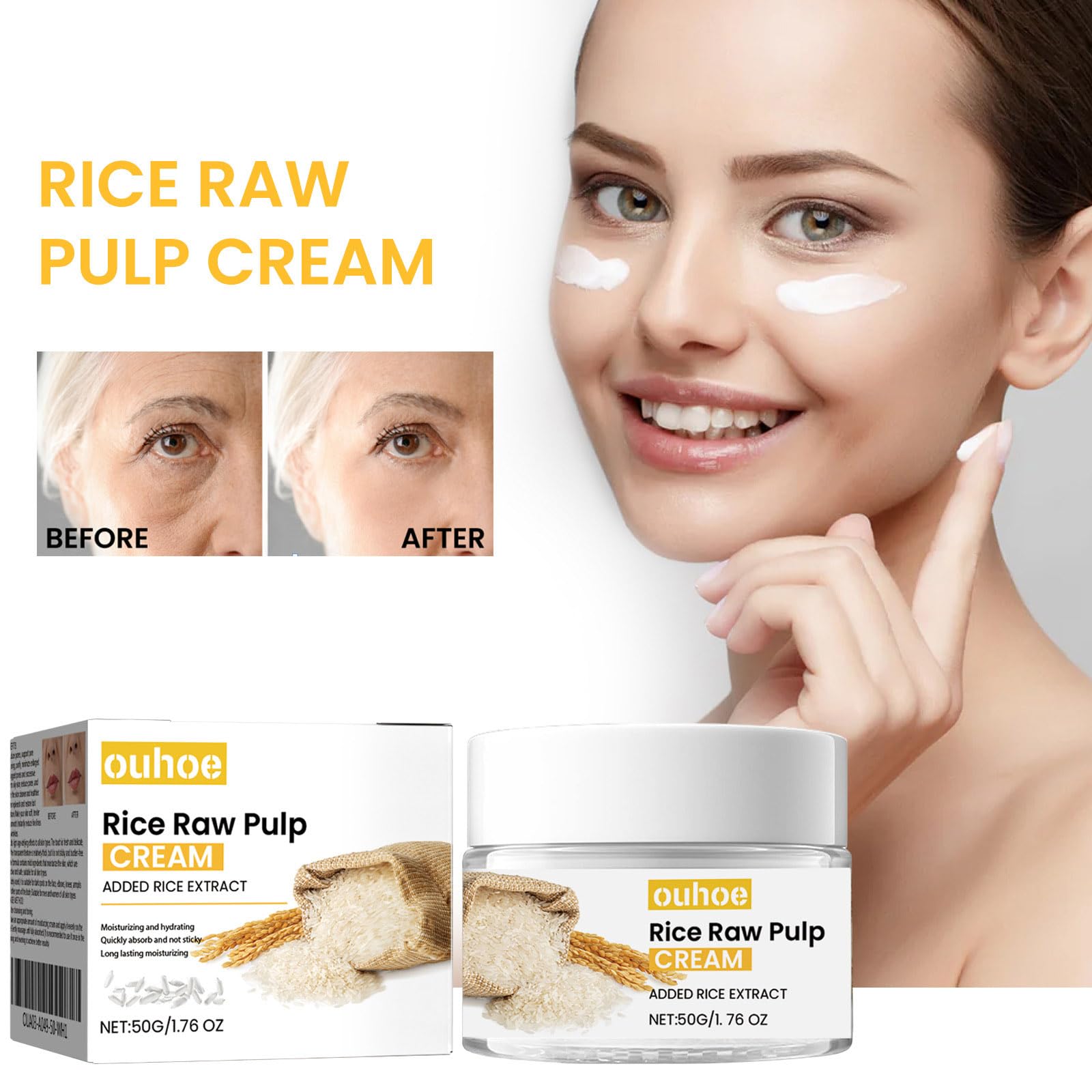Grospe Rice Cream for Face,Rice Raw Pulp Face Cream for Moisturizing Skin,Shrink Pores,Anti Aging Smoth Fine Line,Restore Skin Elasticity