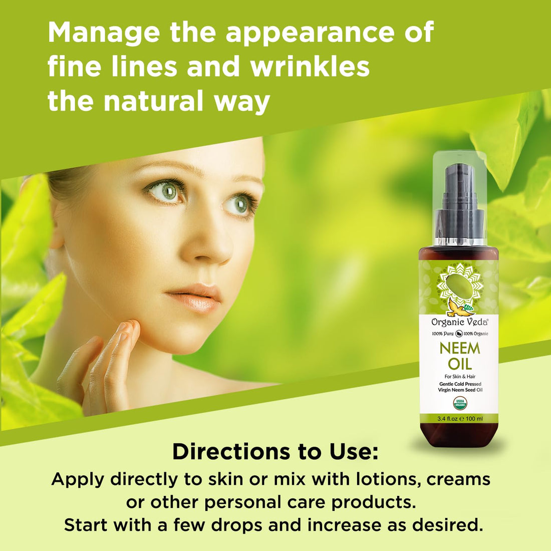 Organic Veda Neem Oil - Pure, Cold Pressed & Organic Neem Oil for Skin, Hair, Face, Body, Scalp - Natural Moisturizer, Virgin Neem seed oil - Rich in Vitamin E, Fatty Acids, Antioxidants - 3.4 fl oz