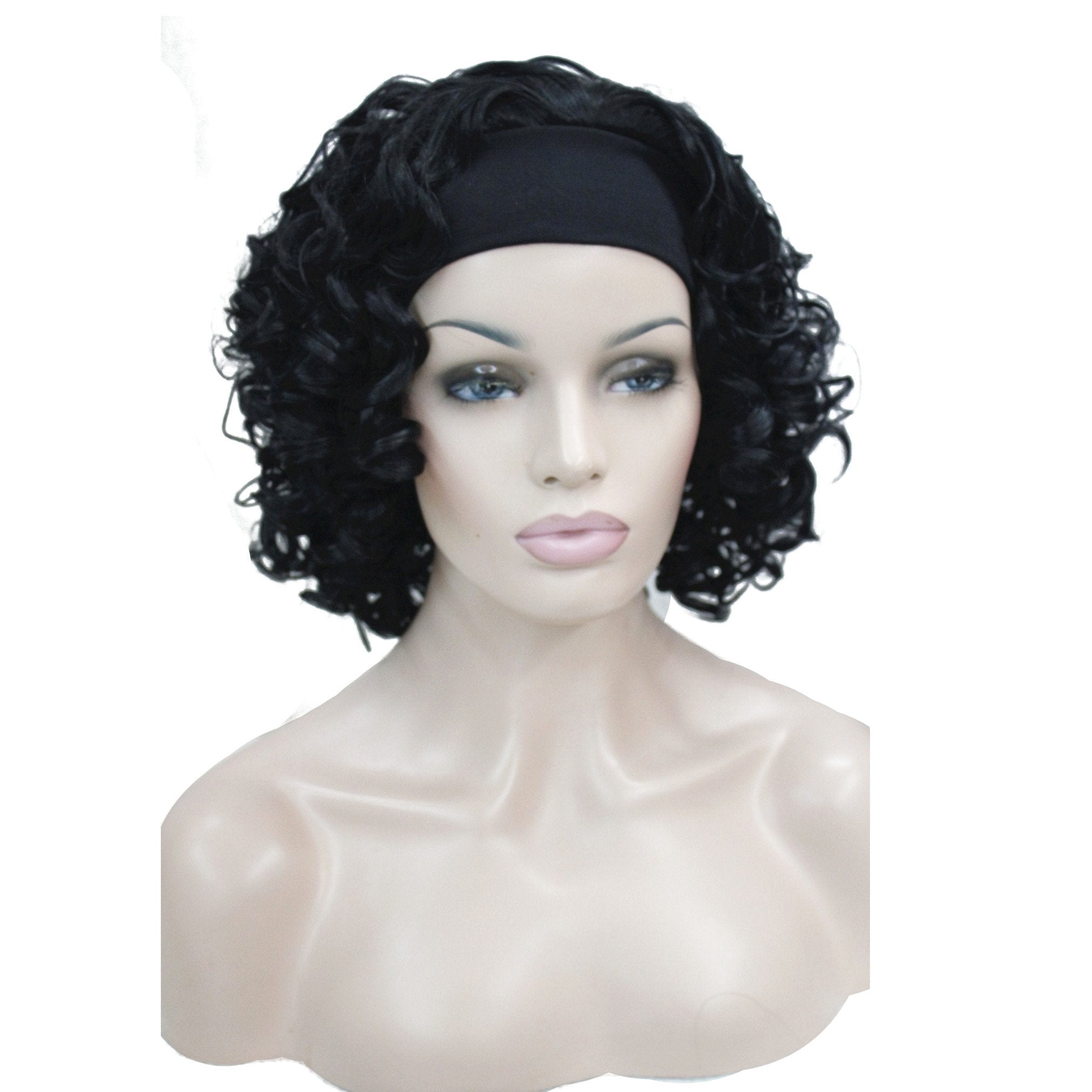 #1 Jet Black : Lydell Short Super Curly Dark Brown Synthetic HEADBAND Wig (#1 Jet Black)