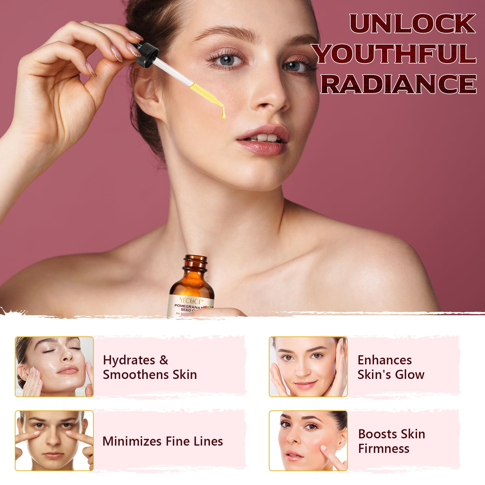 QJCWXIAOX Organic Pomegranate Seed Oil, Pure & Natural Pomegranate Seed Oil for Body, Face & Skin, Cold Pressed Essential Oil for Anti-aging Skin Care,Glass Bottle Moisturizer Oil for Body