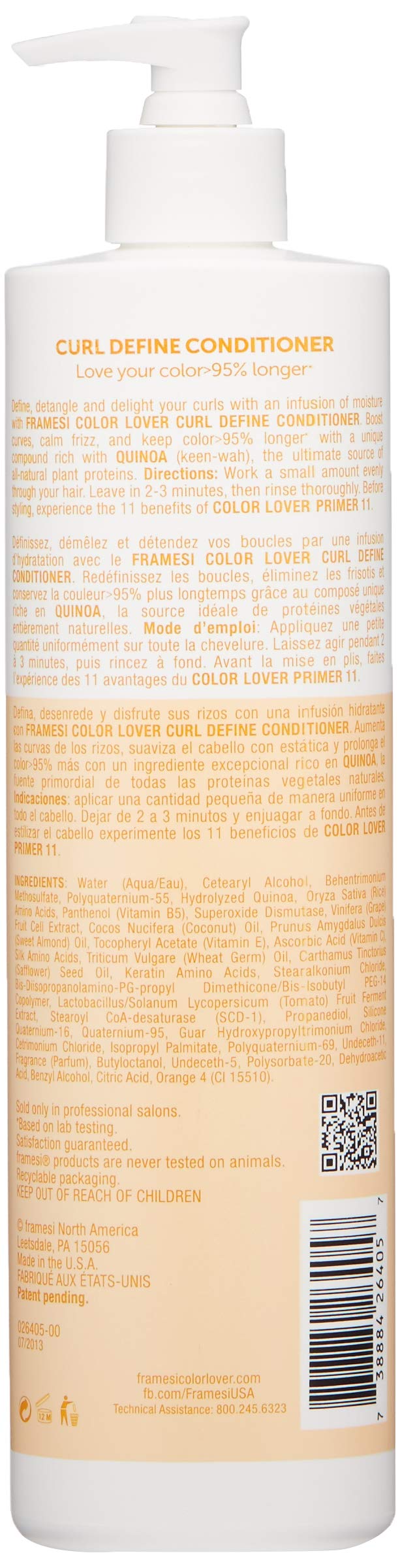 Framesi Color Lover Curl Define Conditioner, 16.9 fl oz, Conditioner for Curly Hair with Quinoa, Color Treated Hair