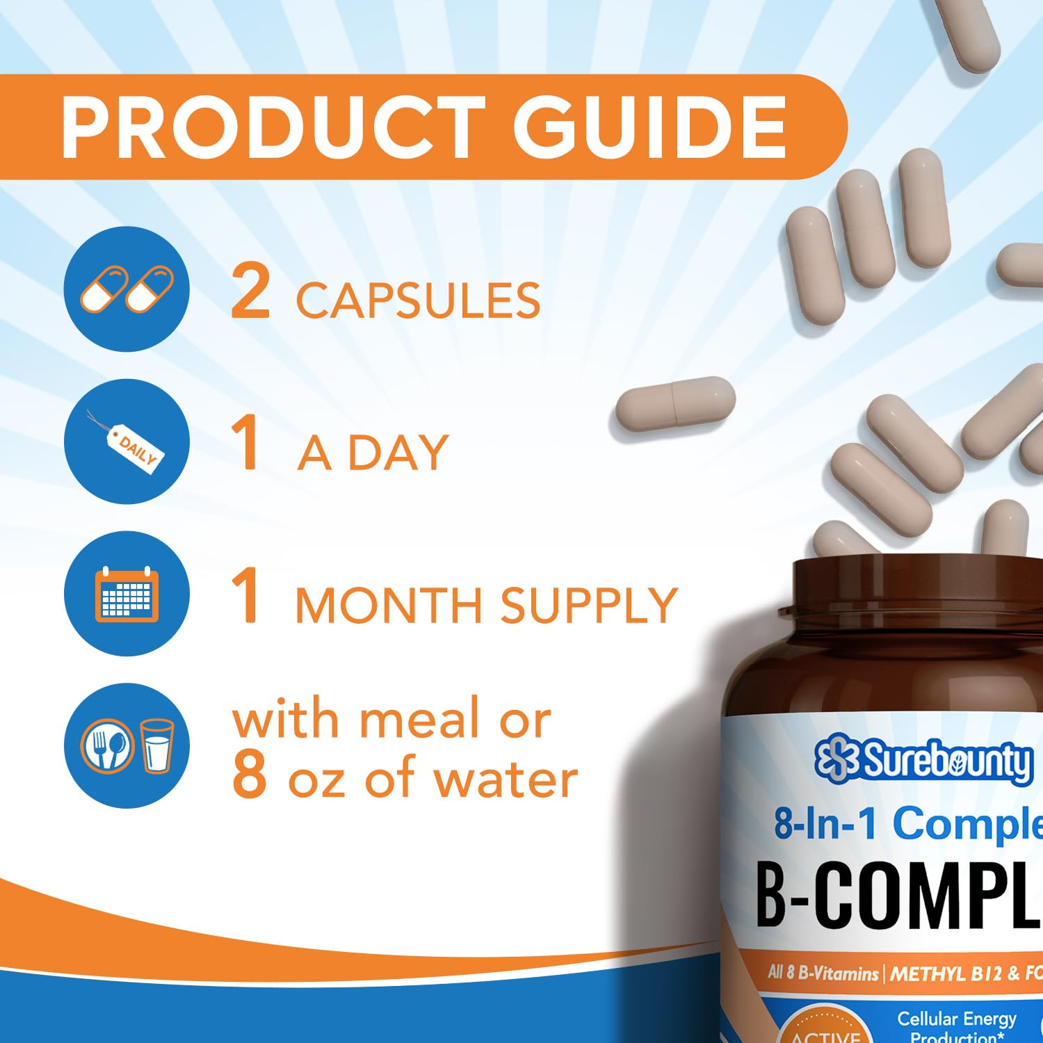 Surebounty 8-in-1 Vitamin B Complex Capsules for Women & Men, Super B Complex Vitamins, B12, B1, B2, B3, B5, B6, B9, Biotin, Folate, Methylated Forms, Energy, Nerve, Blood Support, 60 Caps