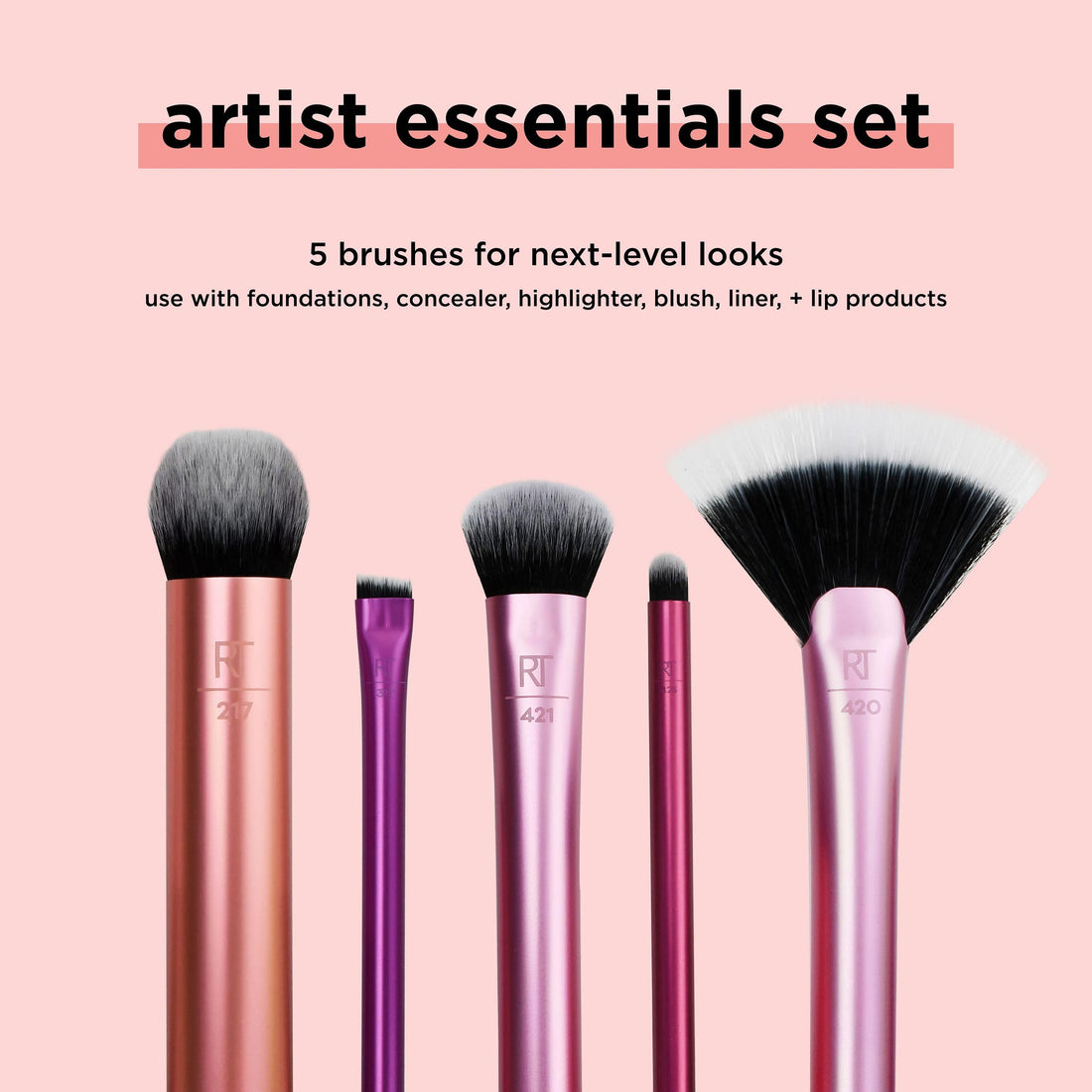 Real Techniques Artist Essential Makeup Brush Set, Includes Eye Liner Brush and Foundation Brush, Set of 5 - Multicolor