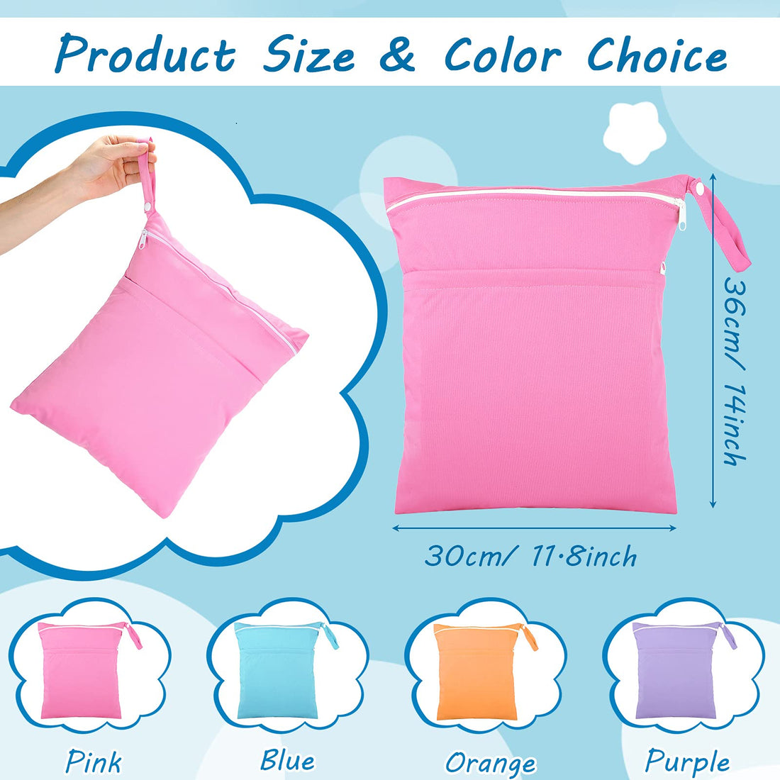 Shappy 4 Pcs Wet Dry Bag for Baby Cloth Diapers Waterproof Wet Bag Washable Travel Reusable with 2 Pocket for Travel Beach Pool(Blue, Purple, Pink, Orange)