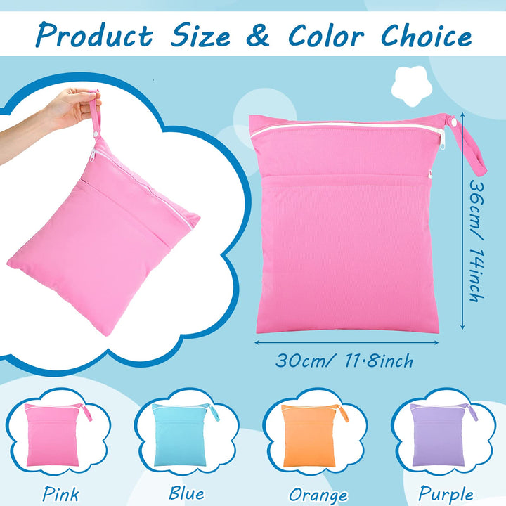 Shappy 4 Pcs Wet Dry Bag for Baby Cloth Diapers Waterproof Wet Bag Washable Travel Reusable with 2 Pocket for Travel Beach Pool(Blue, Purple, Pink, Orange)