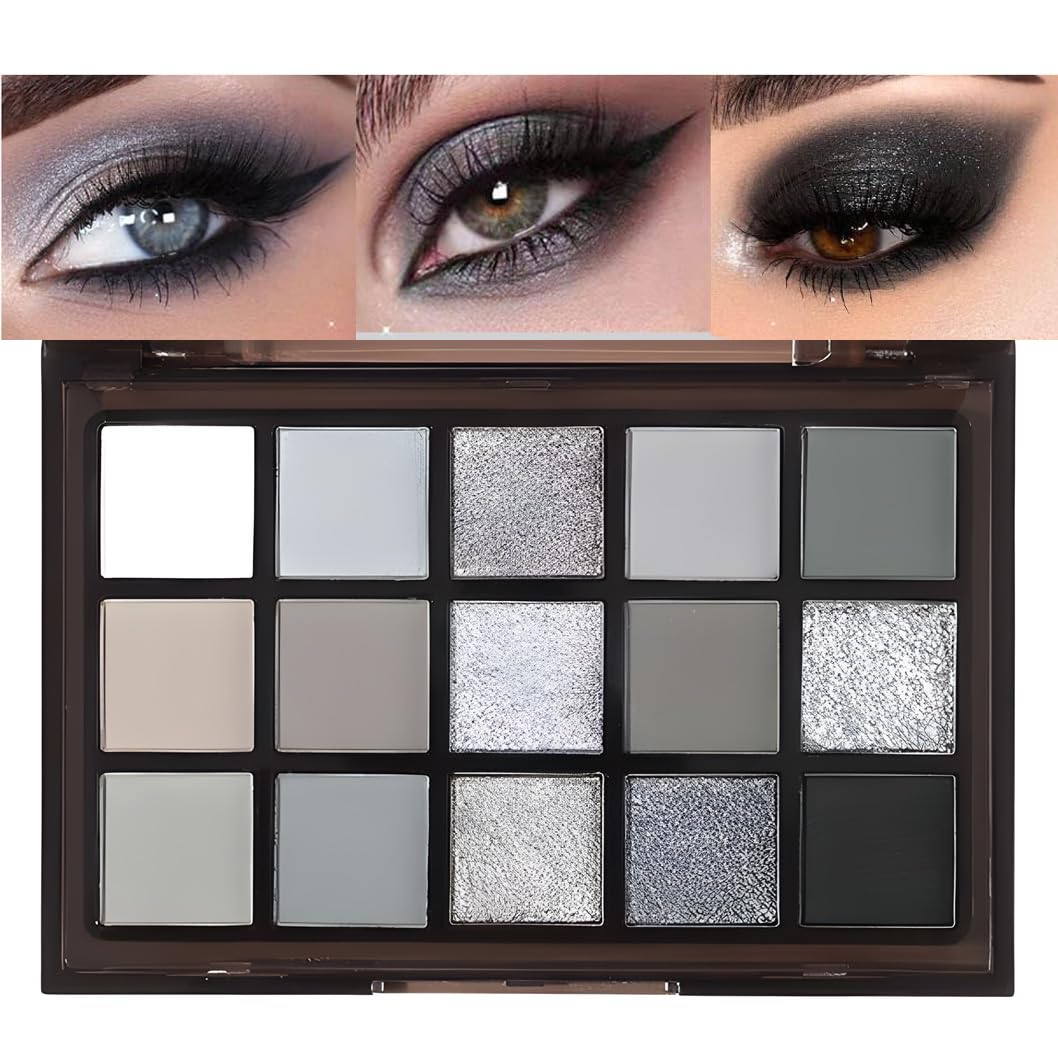 GUANTIAN Black Smoky Eye shadow Palette, 15 Colors True Black Dark Grey Smokey Goth Makeup Pallet, 15 Soft Matte Shimmer High Pigmented Basic White Gray black eyeshadow for woman