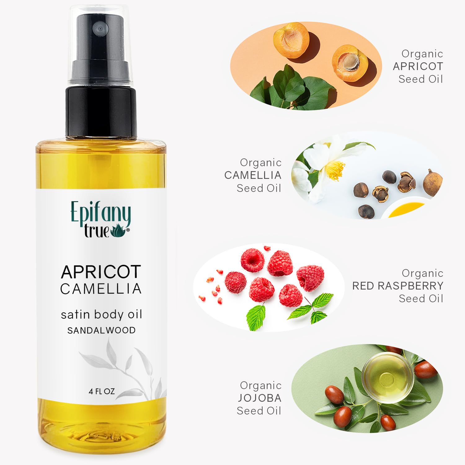 Epifany True Apricot & Camellia Satin Body Oil 4oz | Nourishing Vitamin-E Rich in Antioxidants | Dry Skin Moisturizer | Promotes Skin Elasticity | After Bath Body Oil for Men & Women