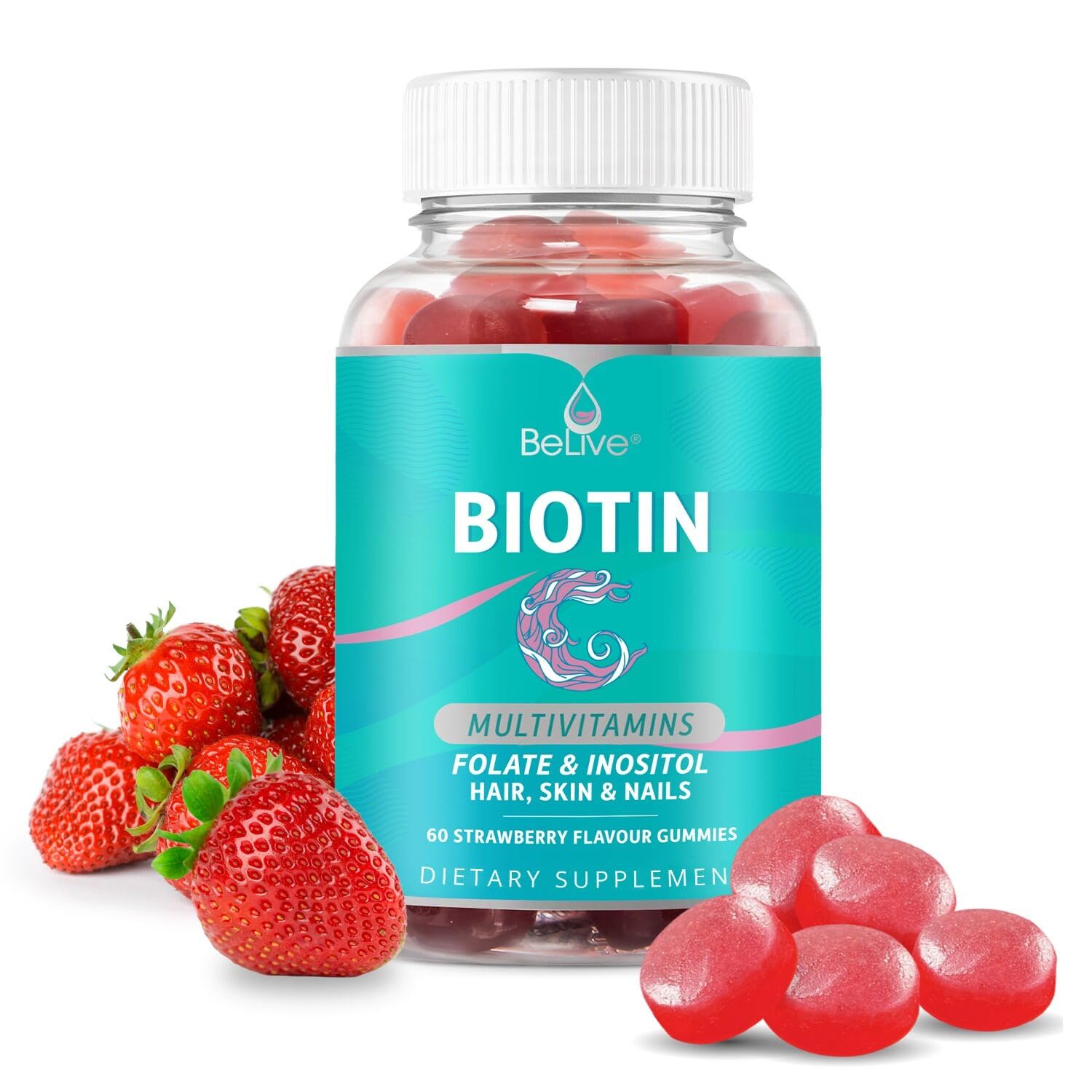 BeLive Biotin Gummies with MultiVitamins, Folate, Inositol – Supports Hair Growth, Healthy Skin & Nails – Vegan, Pectin Based – Strawberry Flavor (1)