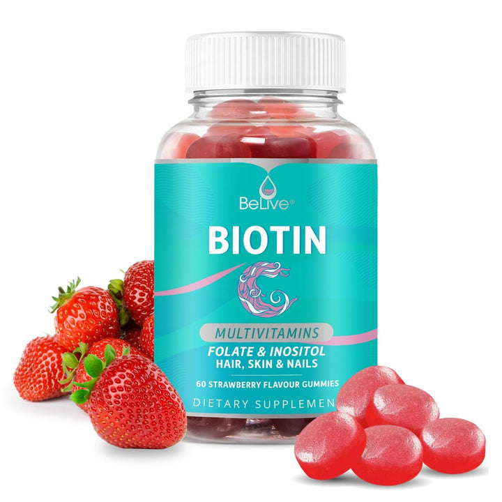 BeLive Biotin Gummies with MultiVitamins, Folate, Inositol – Supports Hair Growth, Healthy Skin & Nails – Vegan, Pectin Based – Strawberry Flavor (1)