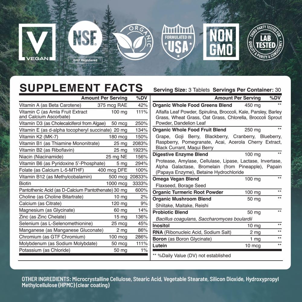 Abundant Earth Whole Food Multivitamin for Women, Daily Multi Vitamins Supplements for Men/Mens Multivitamins + B Complex, Probiotic Multi Enzyme, Omegas for Organic Energy, Mood, Digestion 90ct