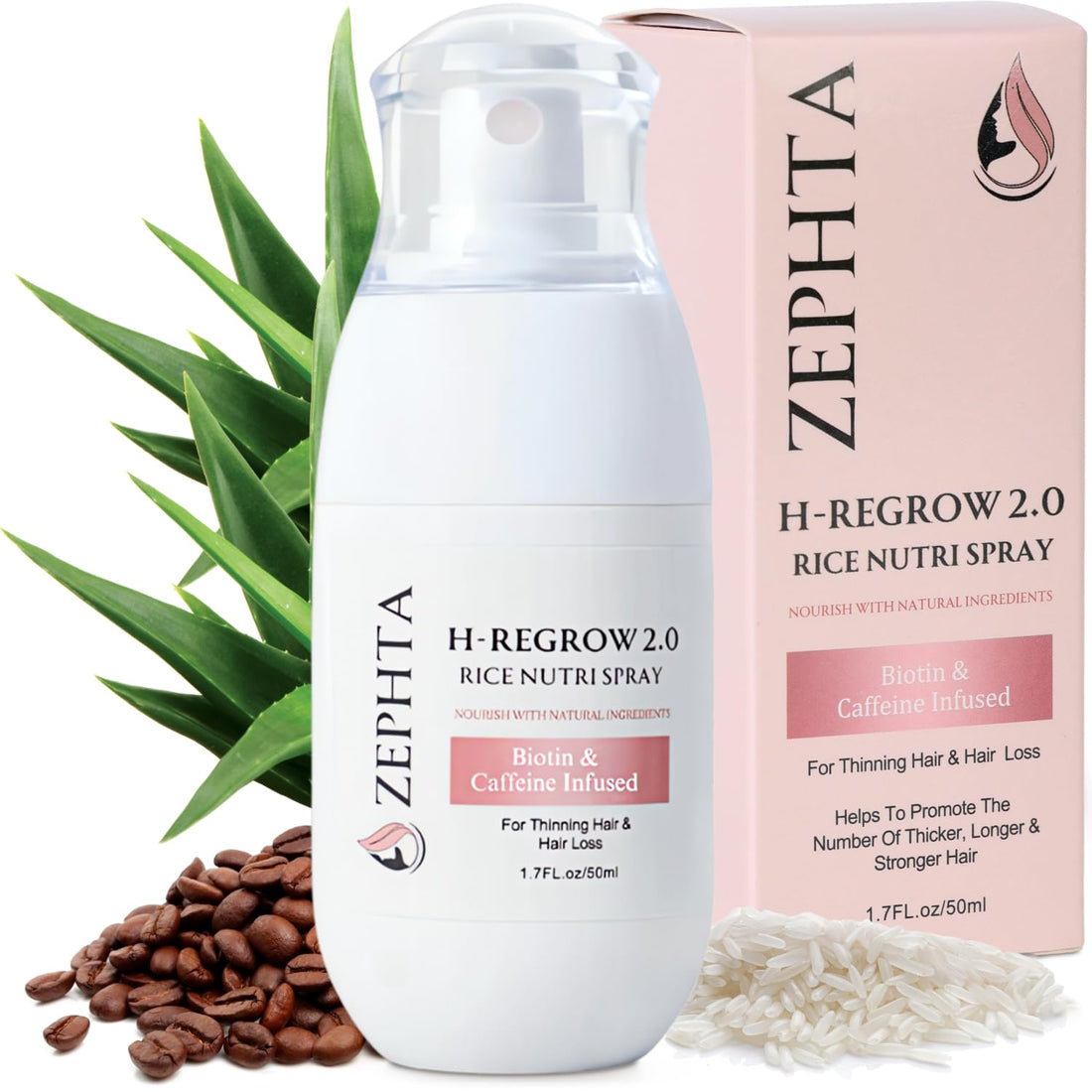 Zephta H-Regrow Hair Growth Spray – With Rice Water, Biotin, Aloe Vera, Caffeine, and Ginger – Hair Growth Product for Men and Women – For Thinning Scalp
