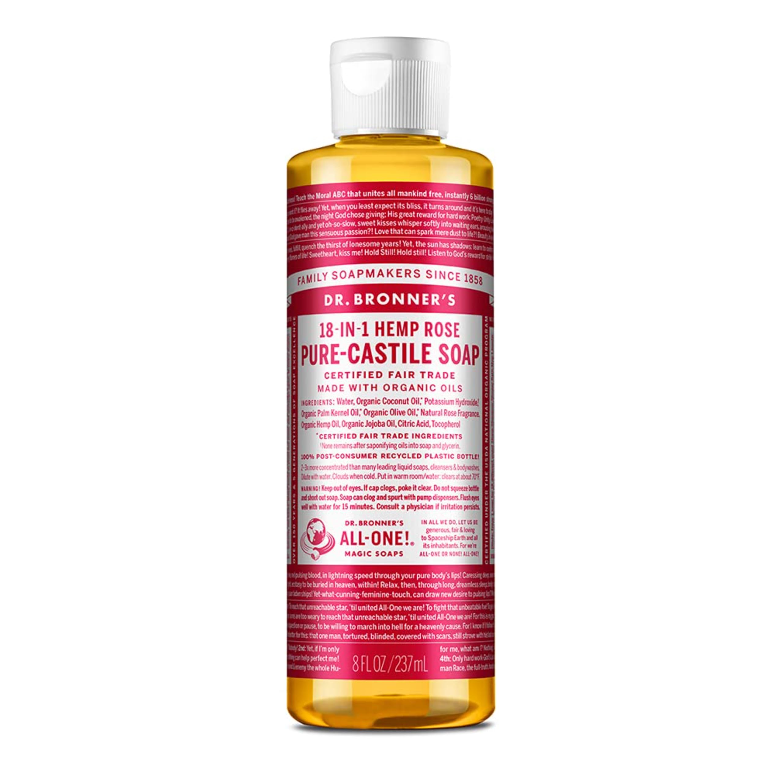 Dr. Bronnerââ‚¬â„¢s - Pure-Castile Liquid Soap (Rose) - Made with Organic Oils, 18-in-1 Uses: Face, Body, Hair, Laundry, Pets & Dishes, Concentrated, Vegan, Non-GMO (8 Fl Oz)