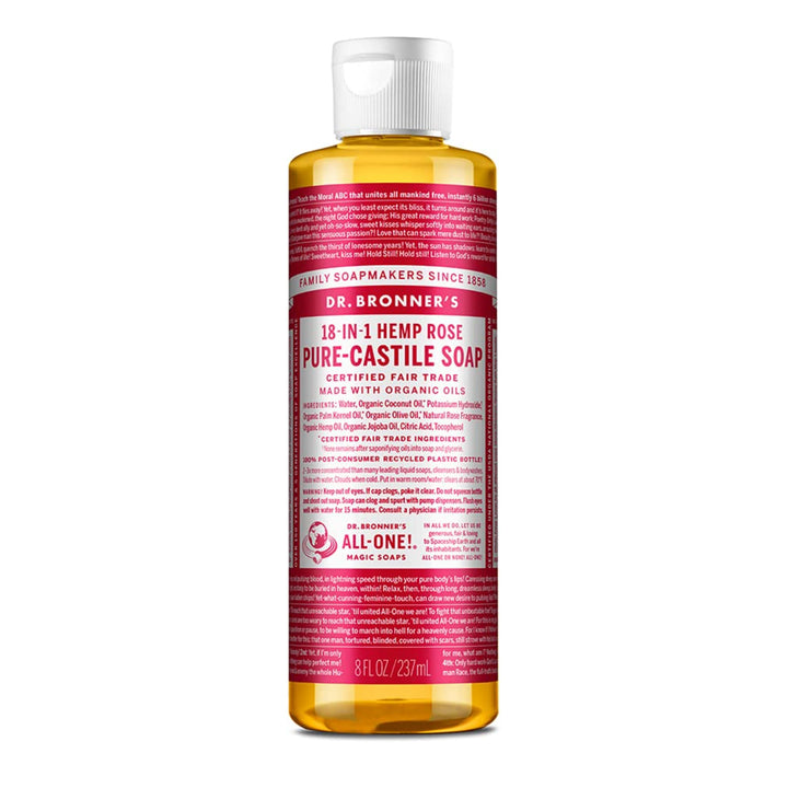 Dr. Bronnerââ‚¬â„¢s - Pure-Castile Liquid Soap (Rose) - Made with Organic Oils, 18-in-1 Uses: Face, Body, Hair, Laundry, Pets & Dishes, Concentrated, Vegan, Non-GMO (8 Fl Oz)