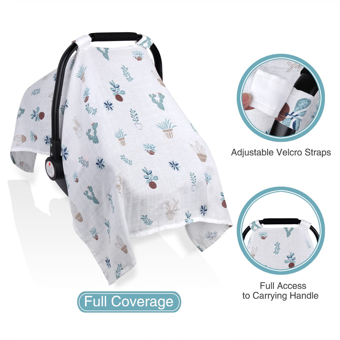 Muslin Carseat Cover for Boys Girls, Breathable Infant Car Seat Canopy, Lightweight Baby Carrier Cover, Newborn Shower Gift, Fit Spring Summer/Hot Days/Warm Weather, Cactus