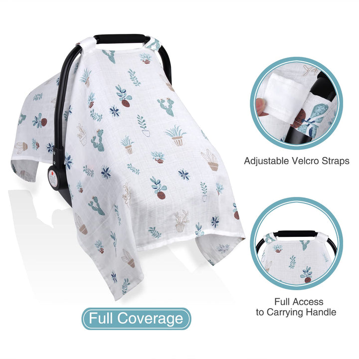 Muslin Carseat Cover for Boys Girls, Breathable Infant Car Seat Canopy, Lightweight Baby Carrier Cover, Newborn Shower Gift, Fit Spring Summer/Hot Days/Warm Weather, Cactus