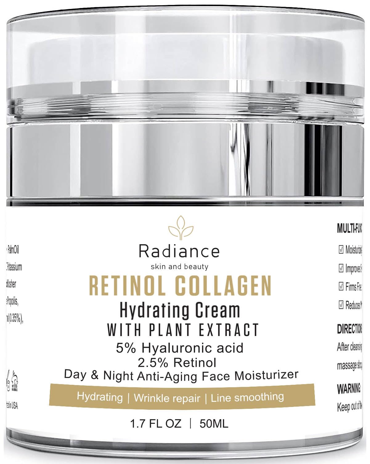 RADIANCE All Natural Retinol Intense Cream for Face Retinol Cream For Face Moisturizer Anti-Aging Face Moisturizer Wrinkle Repair cream with Collagen and Hyaluronic Acid Korean Formula All Skin