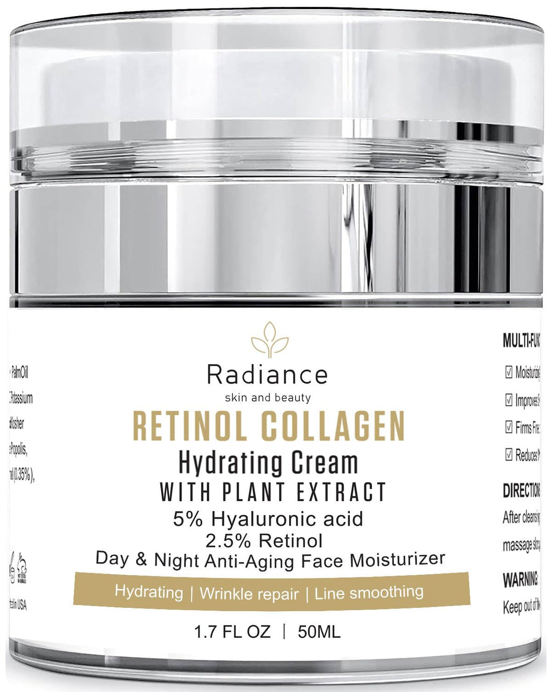 RADIANCE All Natural Retinol Intense Cream for Face Retinol Cream For Face Moisturizer Anti-Aging Face Moisturizer Wrinkle Repair cream with Collagen and Hyaluronic Acid Korean Formula All Skin