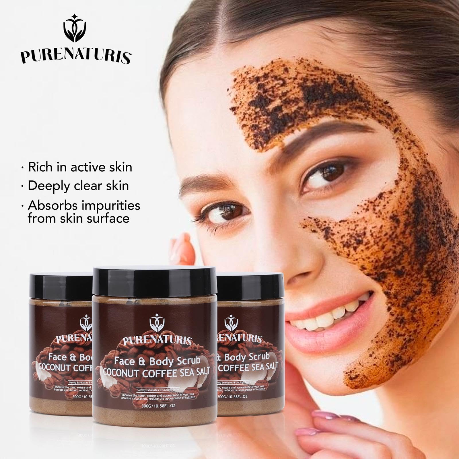 PureNaturis Coconut Coffee Sea Salt Scrub - Exfoliating & Moisturizing Face and Body Scrub with Natural Ingredients, Energizing and Hydrating, 10.58 Ounce