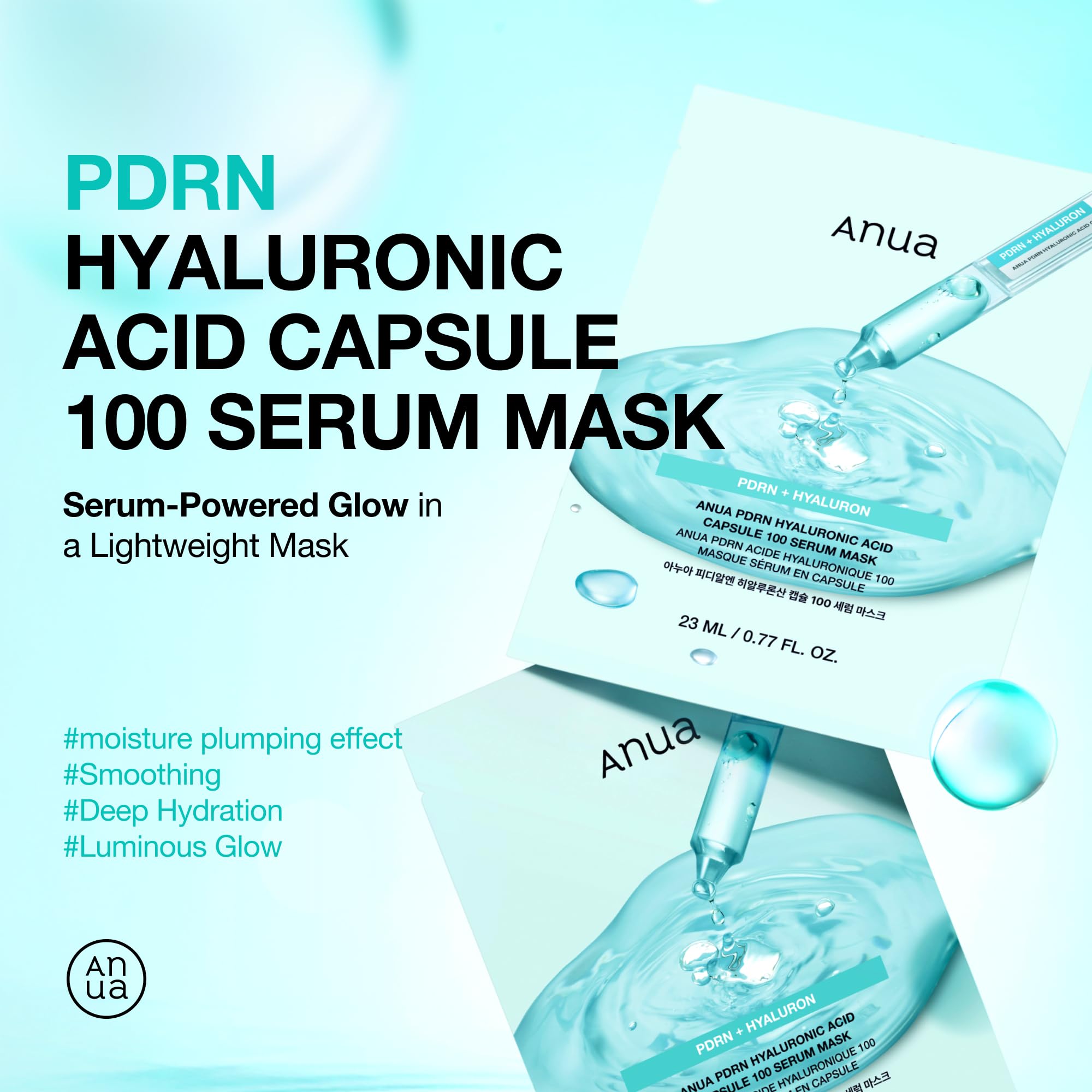 ANUA PDRN Hyaluronic Acid Capsule 100 Serum Mask, everyday glow korean sheet mask with Salmon PDRN, Hyaluronic acid, Collagen, Self home care facial mask for glass skin, Korean skin care (10EA)