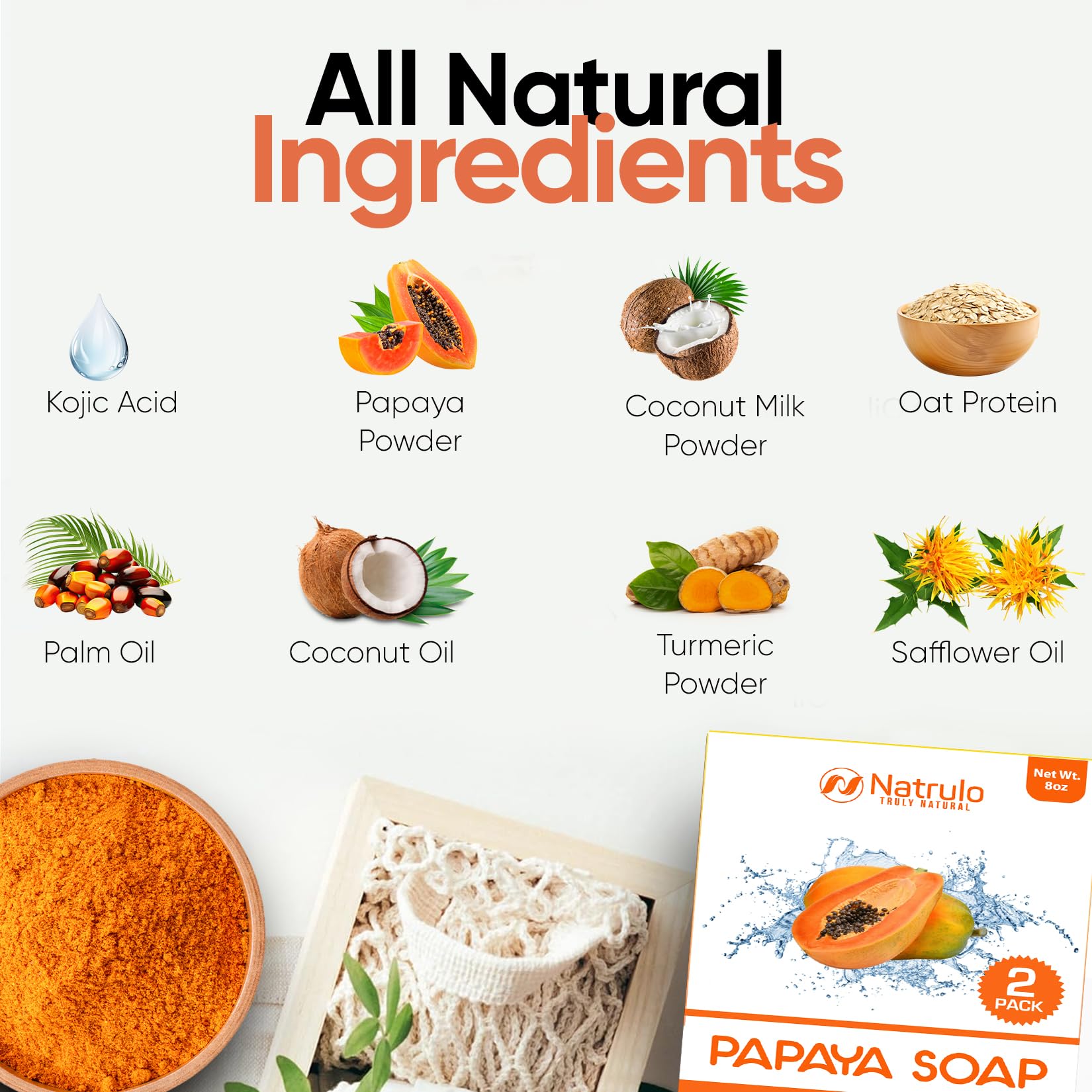 Papaya Soap Face & Body Wash – Skin Brightening Papaya Soap Bar for Dark Spots – Reduce Acne, Cleanse Scars, & Even Skin Tone – with Turmeric, Kojic Acid & Essential Oils – for All Skin Types (2 pack)