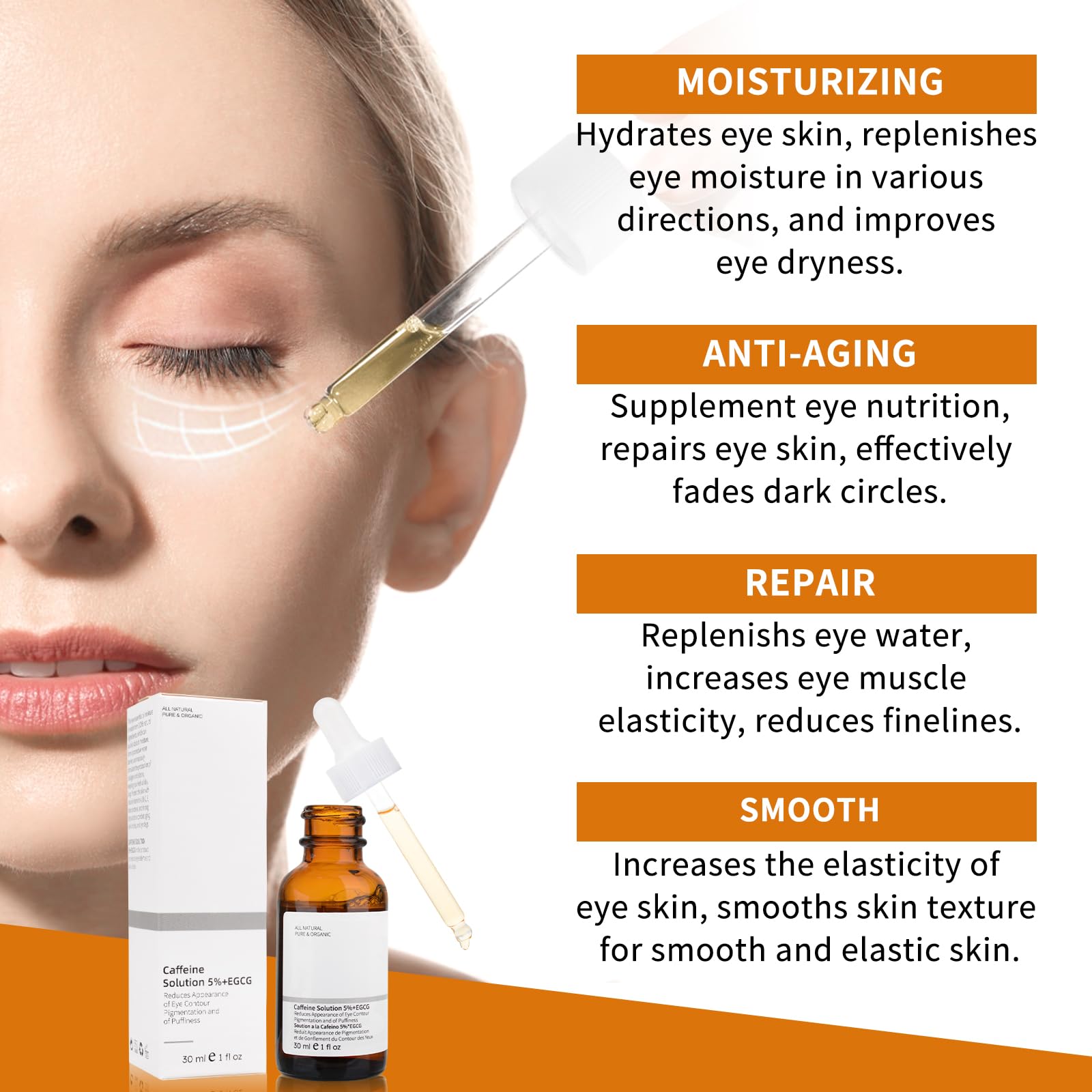 Caffeine Eye Serum with EGCG, 5% Caffeine Solution for Eyes Reduces Pigmentation and Puffiness, Under Eye Serum for Dark Circles, Under Eye Bags, Wrinkles and Fine Lines, 1 OZ