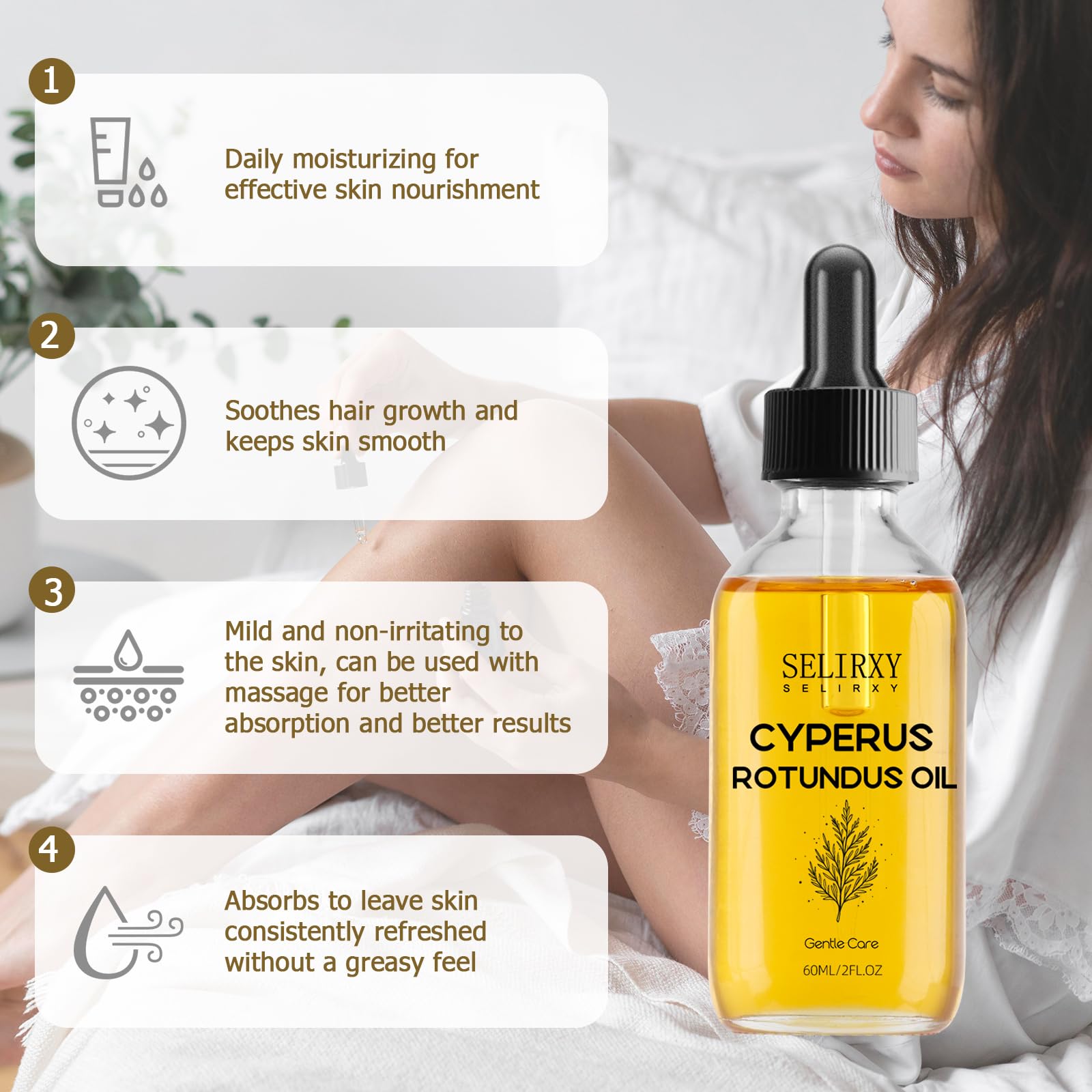 Selirxy Cyperus Rotundus Oil for Sensitive Skin, Shave Oil for Men and Women, 100% Pure Natural Exclusive Formula for Reducing Body Hair Growth, Deep Moisturizing & Skin Soothing - 60ML