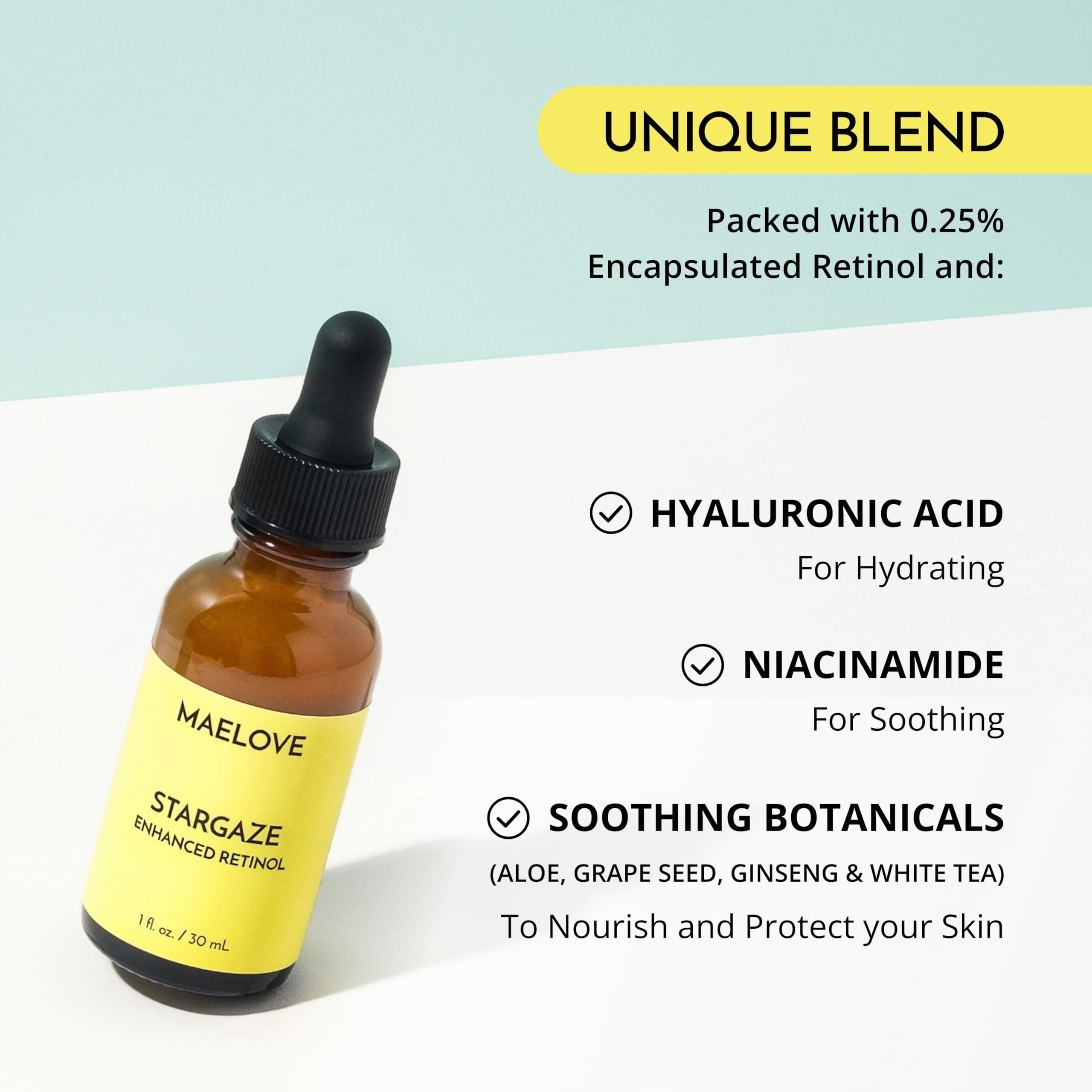 MAELOVE Stargaze Enhanced Retinol Serum, Time-Released 0.25% Retinol for Radiant Skin, Hydrating with Hyaluronic Acid, Niacinamide, Soothing Botanicals, Ideal for Sensitive Skin, USA Made
