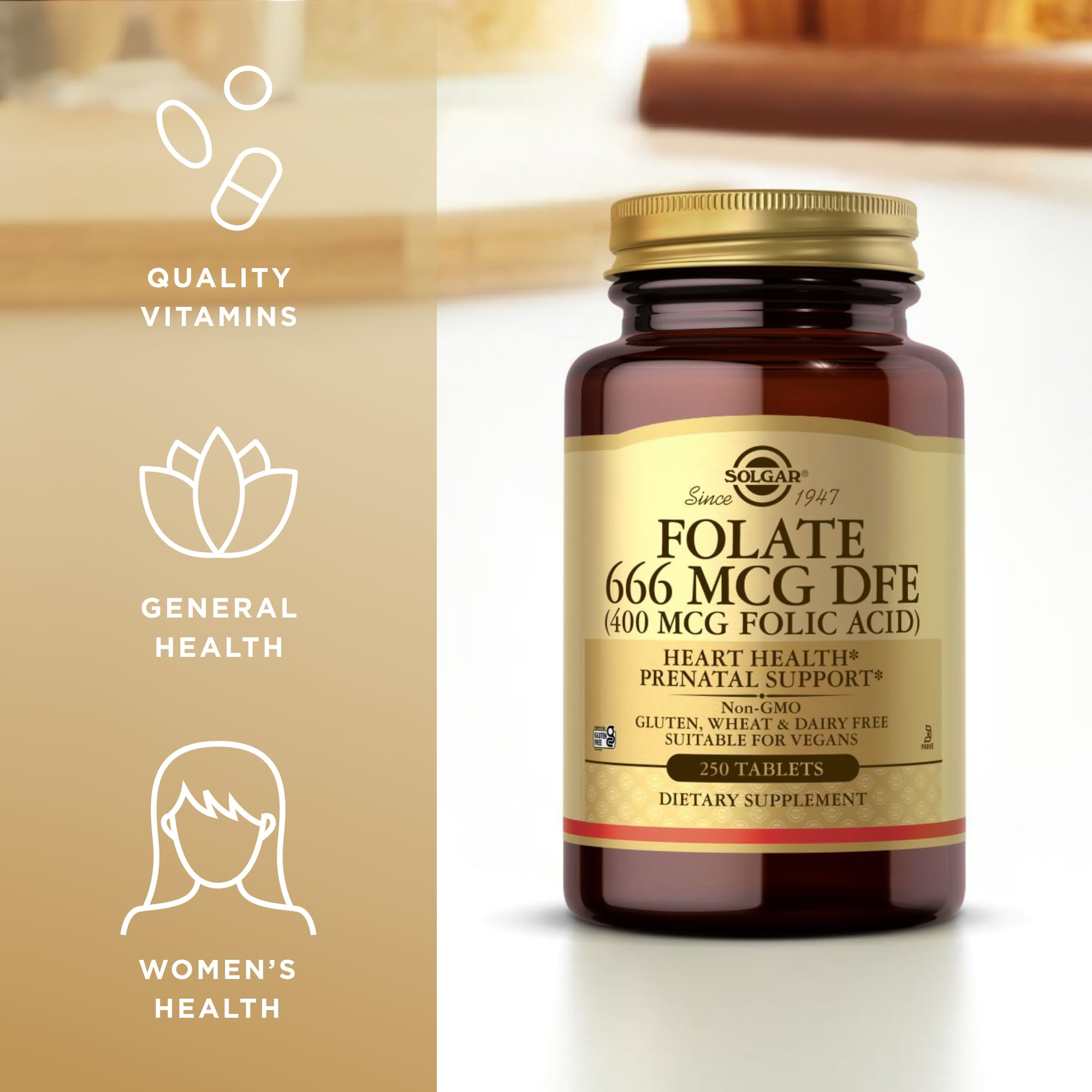Solgar Folate 666 mcg DFE (Folic Acid 400 mcg) - 250 Tablets - Prenatal Support - Non-GMO, Vegan, Gluten Free, Dairy Free, Kosher - 250 Servings
