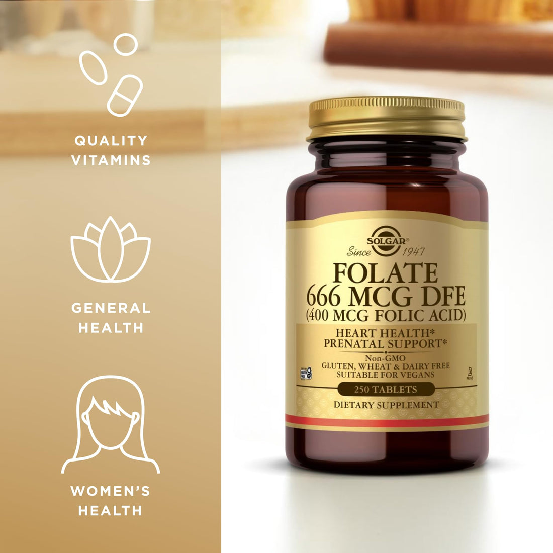 Solgar Folate 666 mcg DFE (Folic Acid 400 mcg) - 250 Tablets - Prenatal Support - Non-GMO, Vegan, Gluten Free, Dairy Free, Kosher - 250 Servings