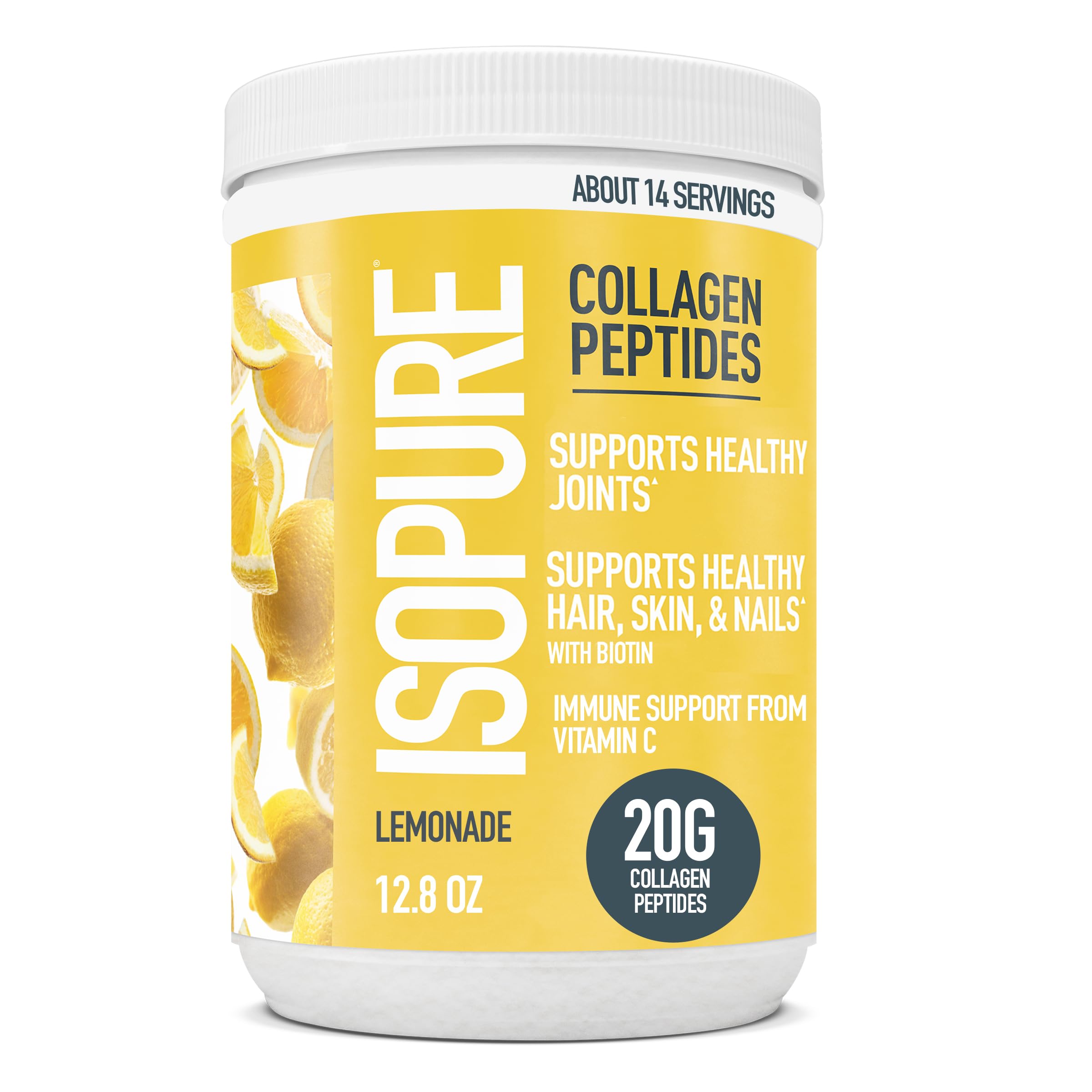 Isopure Collagen Peptides Powder, Promotes Hair, Nail, Skin and Joint Health, 14 Servings, Lemonade, with Vitamin C, with Biotin