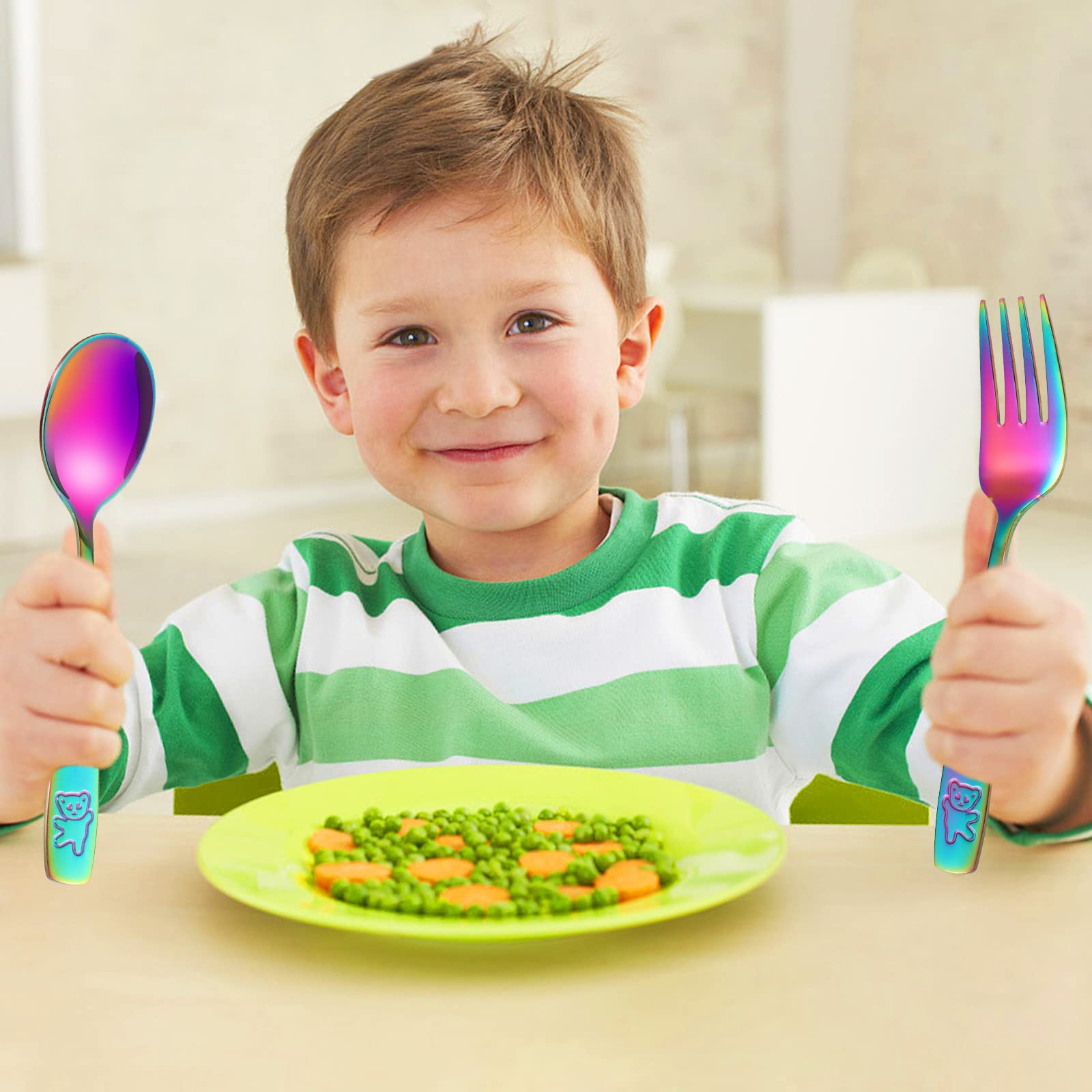 Pimoys 6 Pieces Rainbow Kids Silverware Stainless Steel Child and Toddler Utensils, Children's Safe Flatware Metal Cutlery Set Includes 2 Children Knives, 2 Forks & 2 Spoons