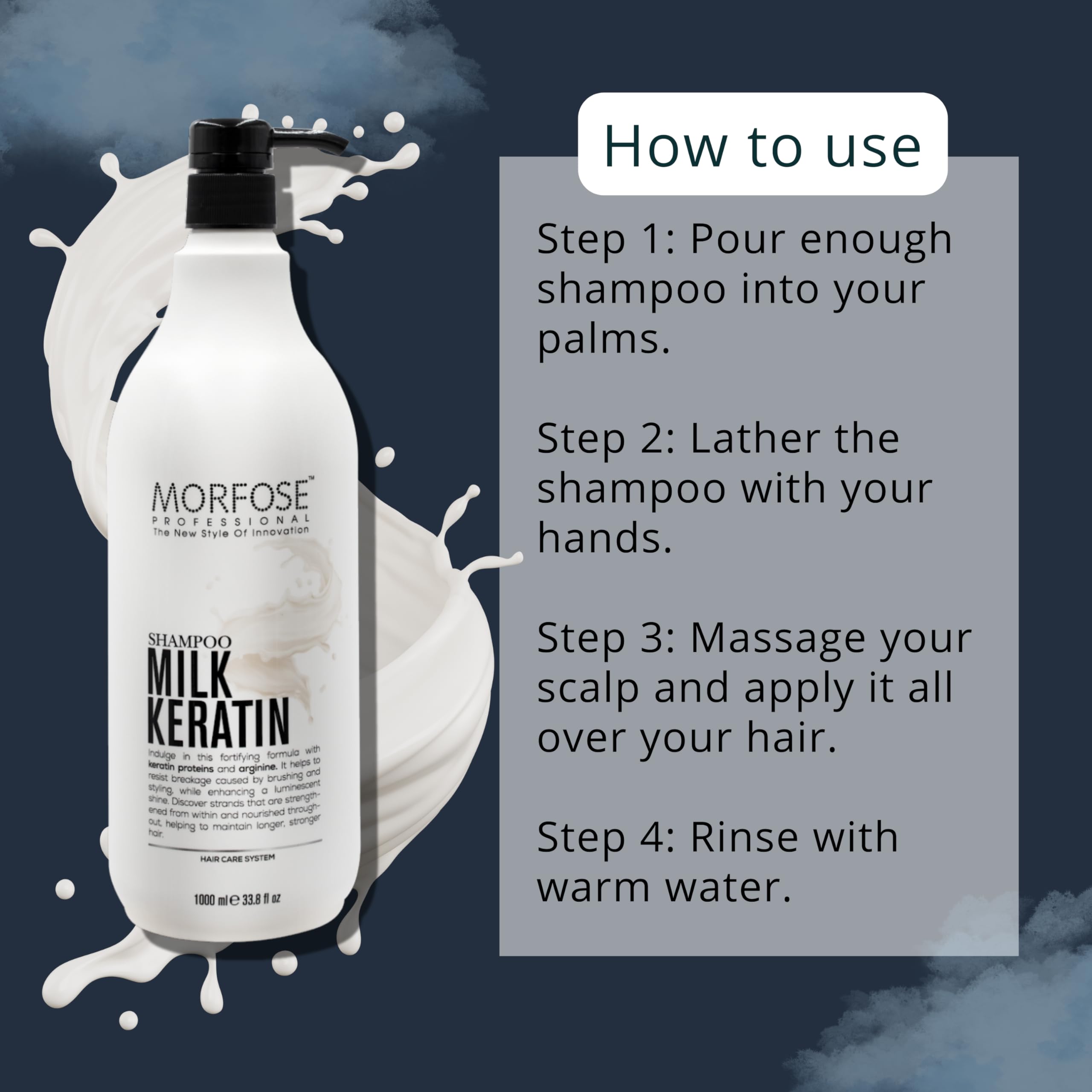 Morfose Keratin Shampoo - Intensive Milk Therapy with Amino Acid Complexes, Keratin-Enriched Shampoo Keratin for Shine & Volume, Strengthening Arginine, 33.81 Fl. Oz