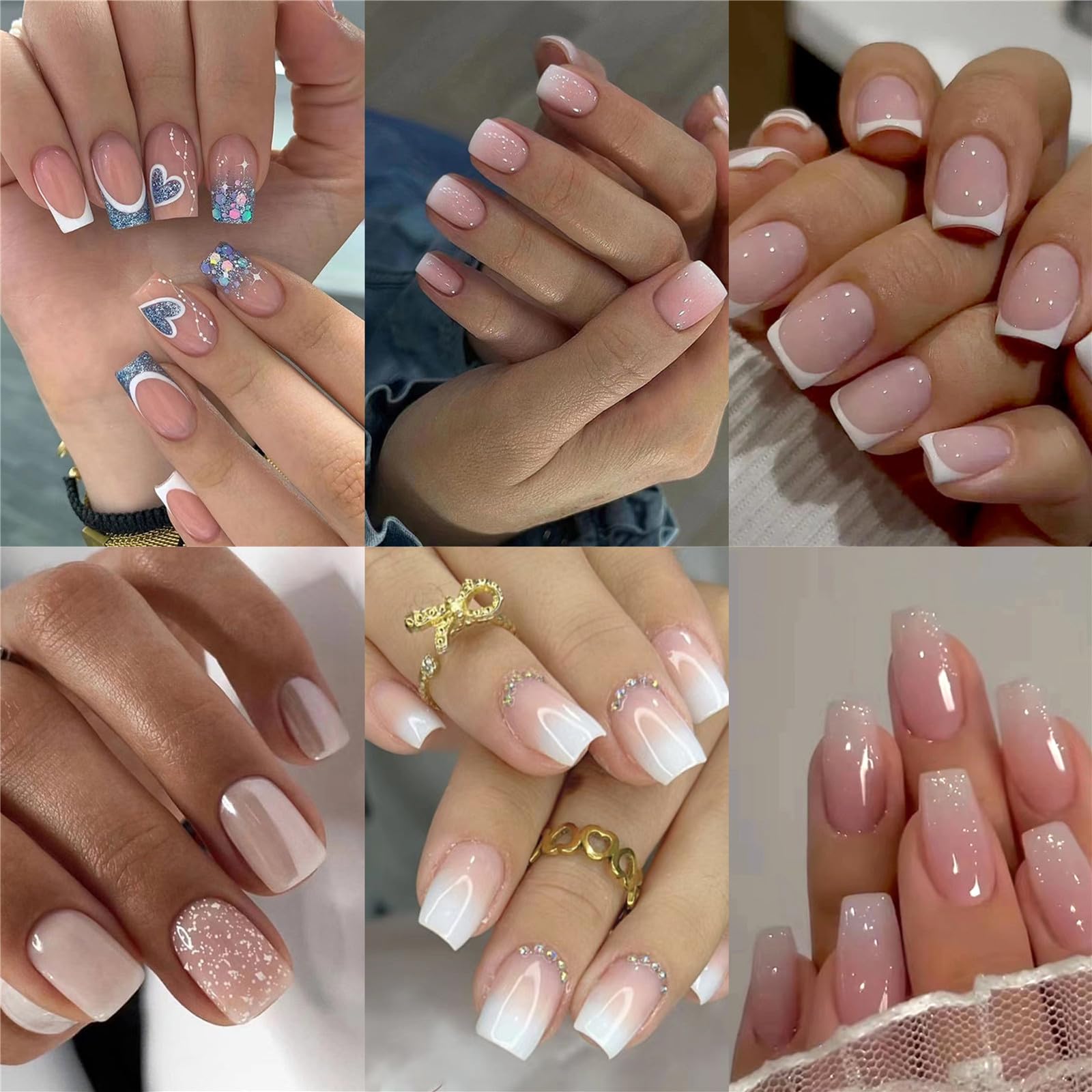 6 Packs (144 Pcs) Medium Press on Nails Coffin, Short Square French Tip Fake Set, Glue on 24pcs in Box, False Kit Stick on for Women