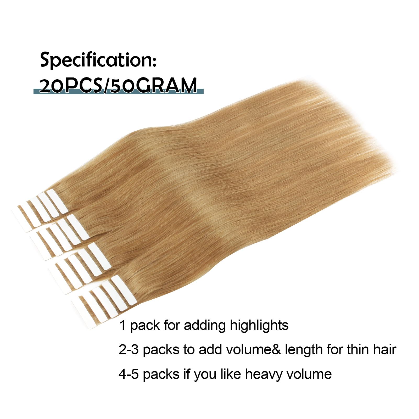 Sassina 8A Grade Reusable, Invisible, Seamless Skin Weft Human Extensions Double Side Tape in Extension Strawberry Blonde 20Pcs 50g/set (27# 18) : 18 inch, Strawberry Blonde
