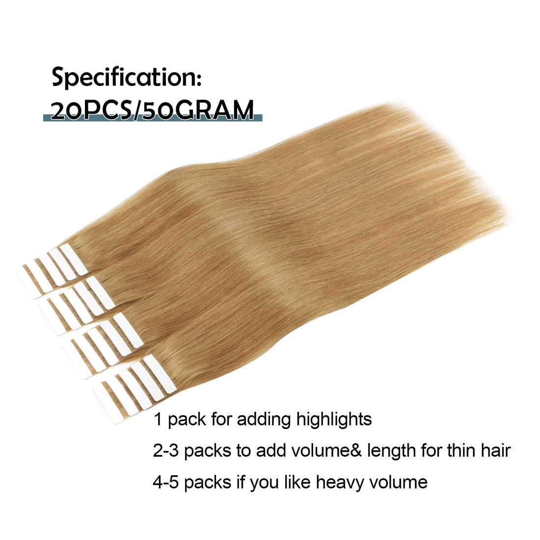 Sassina 8A Grade Reusable, Invisible, Seamless Skin Weft Human Extensions Double Side Tape in Extension Strawberry Blonde 20Pcs 50g/set (27# 18) : 18 inch, Strawberry Blonde