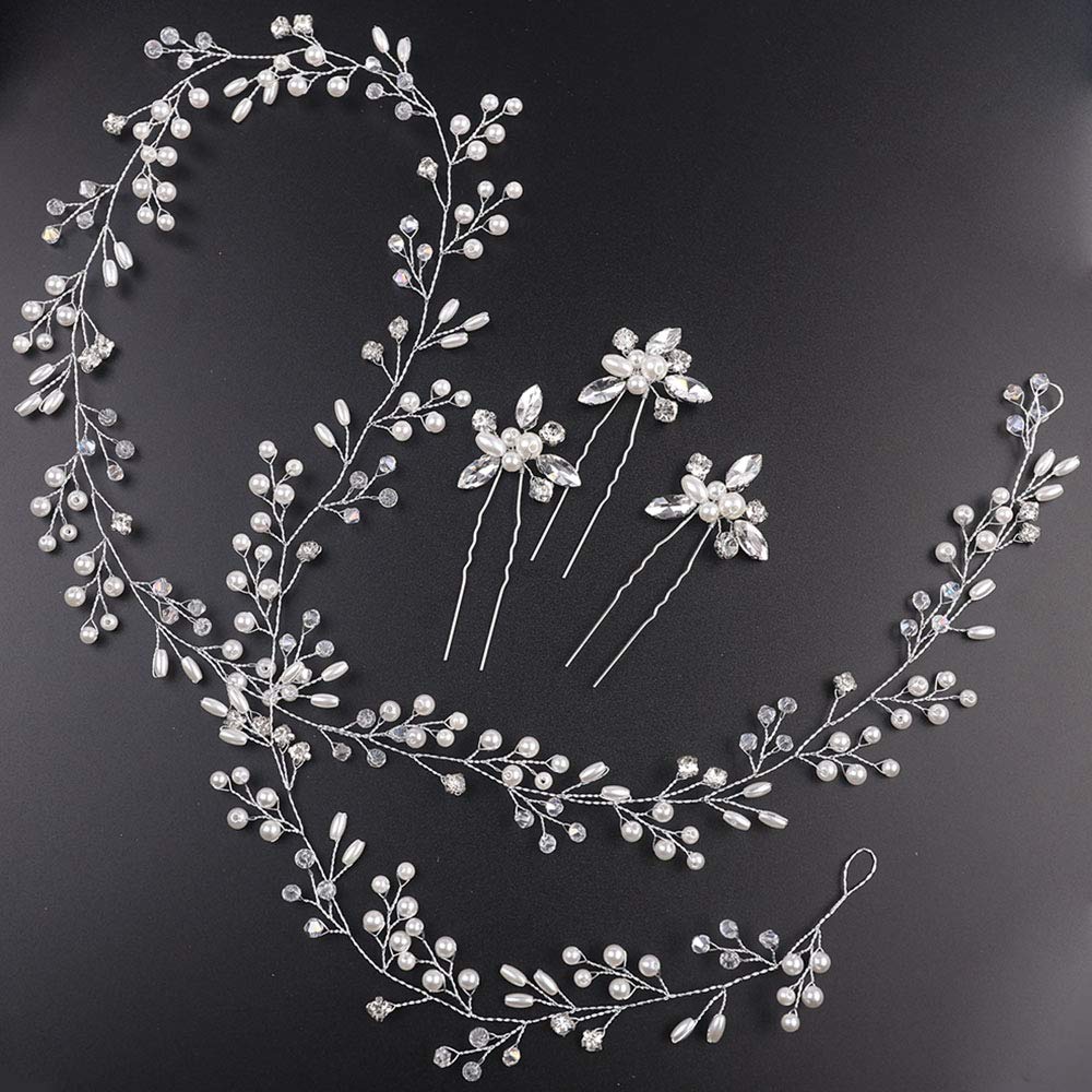 Deniferymakeup Bridal Rose Gold and Gold Silver Extra Long Pearl and Crystal Beads Bridal Hair Vine Wedding Head Piece Bridal Hair Accessories Headband Hair Jewelry Hair Accessories (Silver)