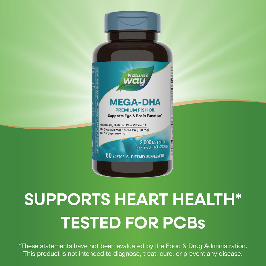 Nature's Way Mega-DHA Premium Fish Oil, Supports Eye and Brain Function*, Omega-3, 2,000 Fish Oil mg per 2-Softgel Serving, 60 Softgels (Packaging May Vary)