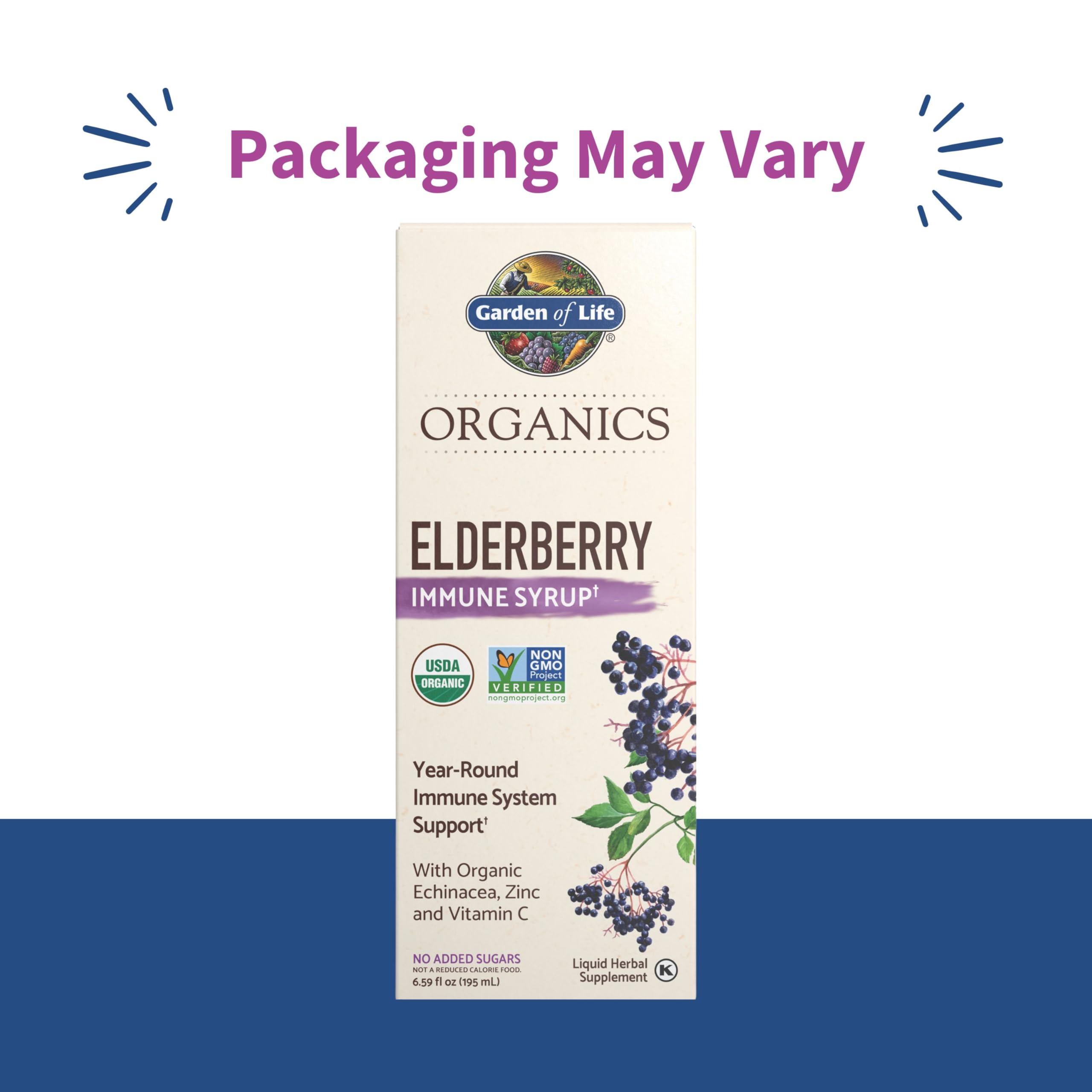 Garden of Life Organics Plant-Based Elderberry Immune Syrup 6.59 fl oz (195 Ml) for Kids & Adults: Sambucus, Echinacea, Zinc & Vitamin C, 0g Sugar, Organic Vegan Gluten Free Herbal Supplement