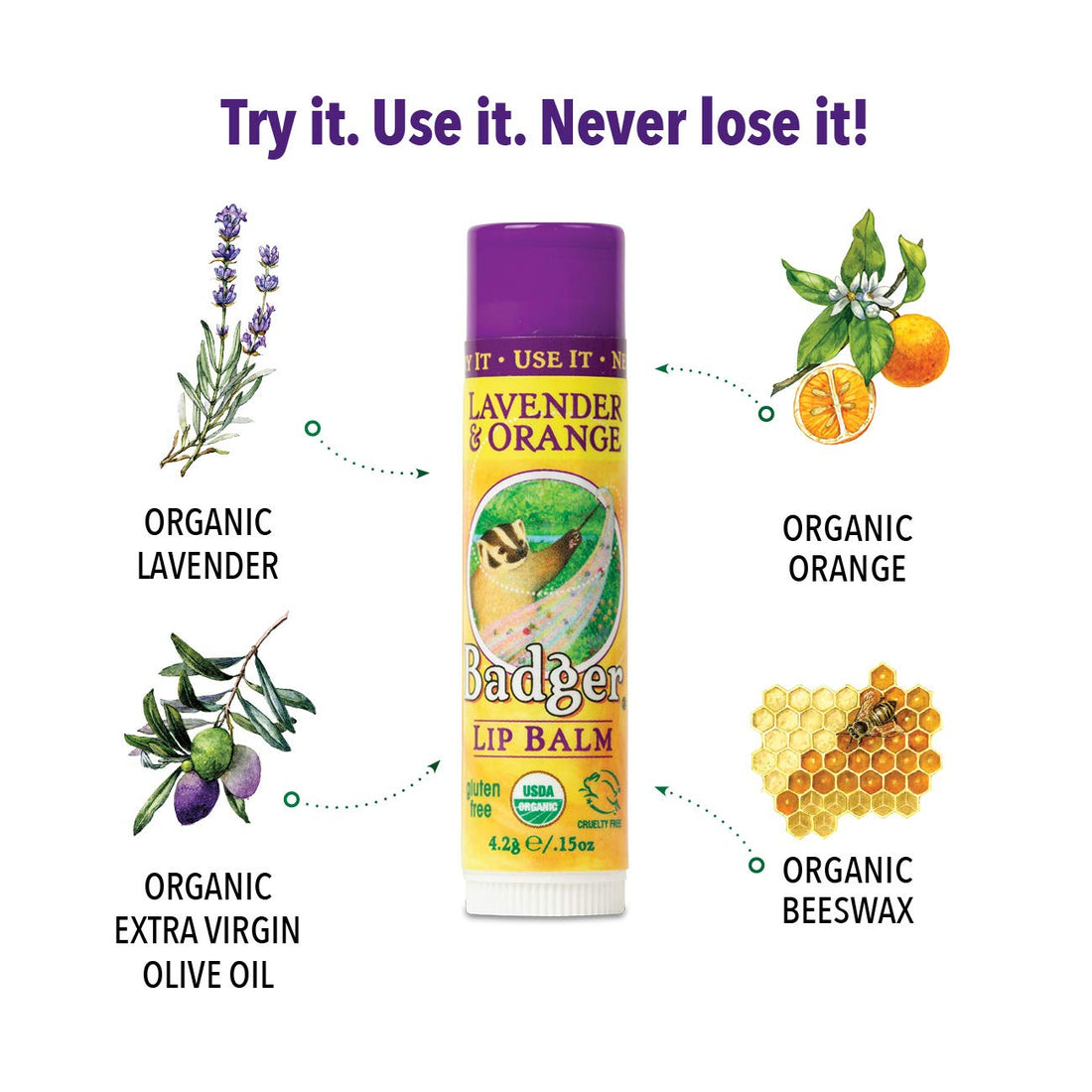 Badger - Lip Balm Stick Lavender & Orange - 0.15 oz.