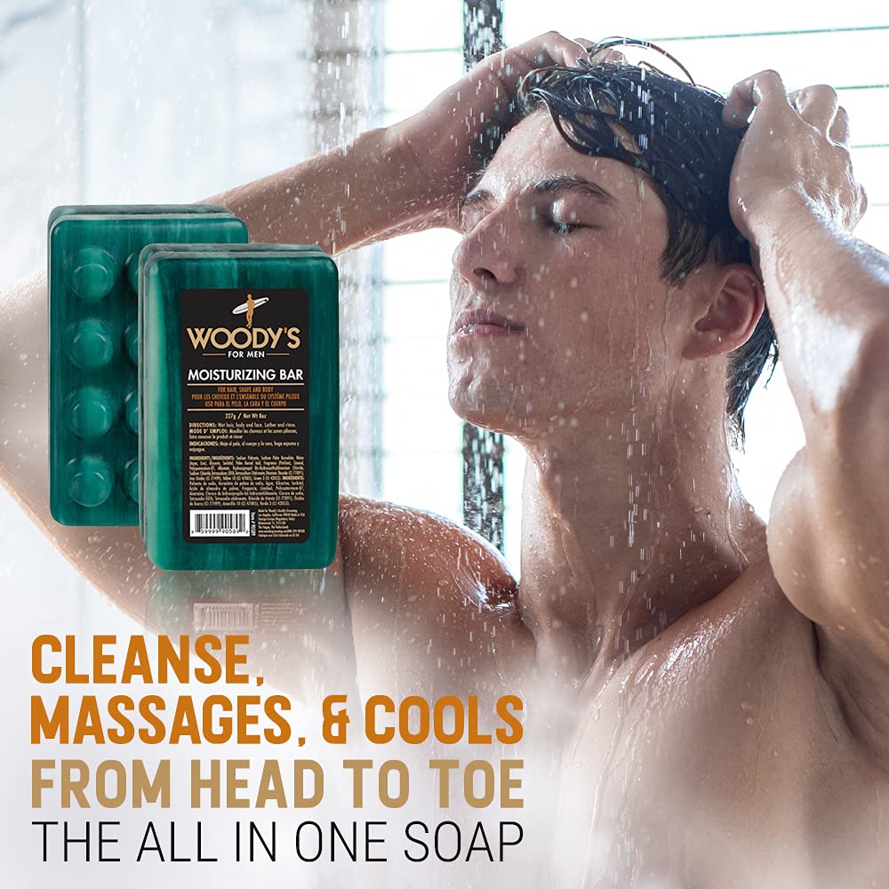 Woody's 3-in-1 Moisturizing Bar Soap for Men, For Hair, Shaving, & Body Cleansing, Deep Clean with Peppermint Scent, 8 oz