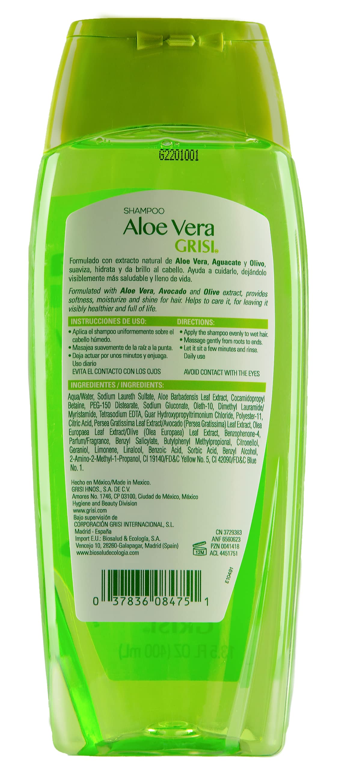 Grisi Aloe Vera Shampoo, Moisturizing Shampoo with Aloe Vera Extract, Paraben-Free, Hair Product for Soft and Shiny Hair, 2-Pack of 13.5 FL Oz each, 2 Bottles
