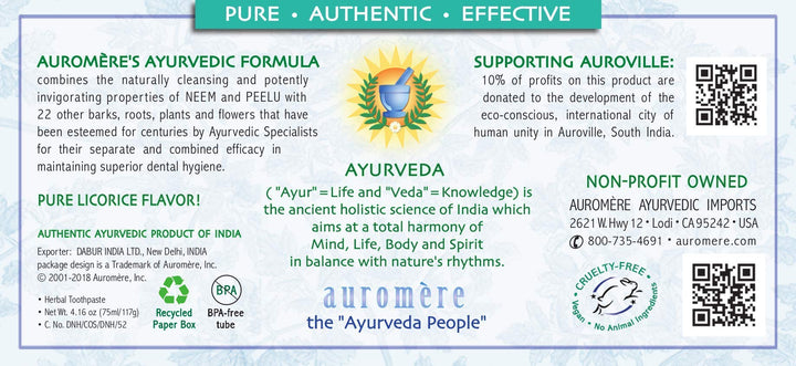 Auromere Ayurvedic Herbal Toothpaste, Mint Free - Vegan, Natural, Non GMO, Fluoride Free, Gluten Free, with Neem & Peelu (4.16 oz), 1 Pack