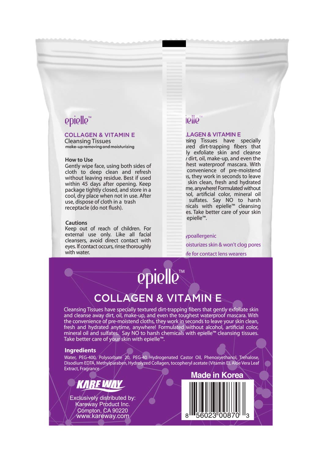 Epielle Collagen Infused Makeup Remover Cleansing Wipes | 60 Count, 2-Pack | Ideal for Beauty Gifts, Spa Days, Gift Sets | Korean Skincare