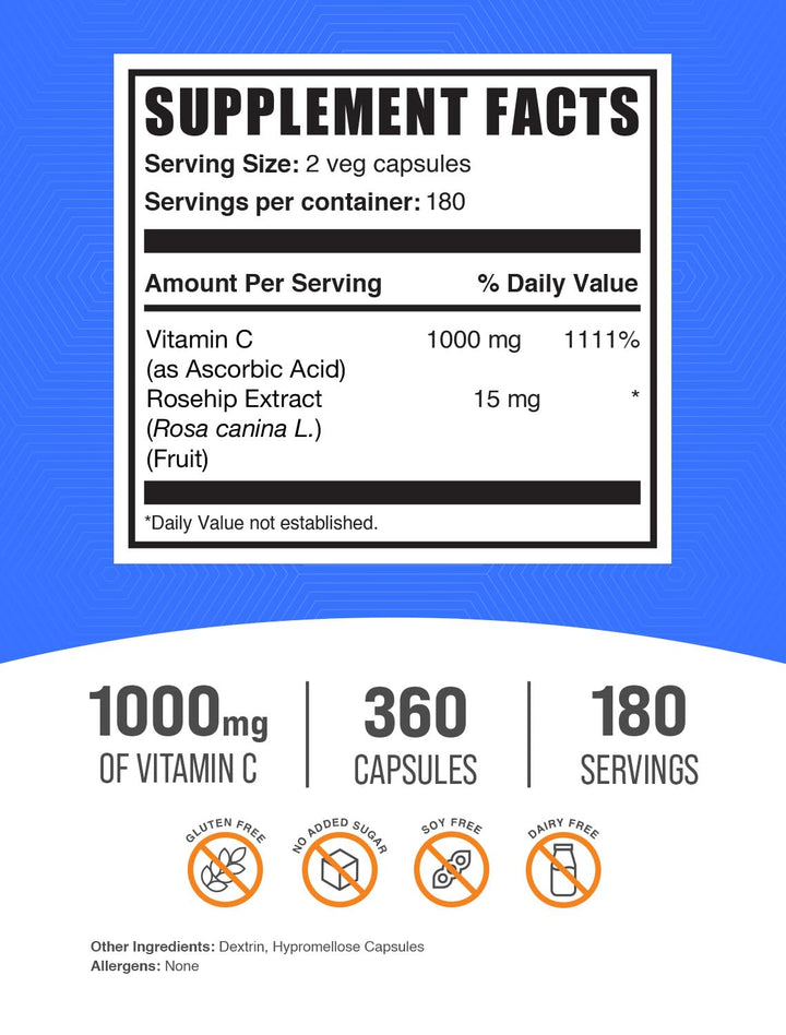 BulkSupplements.com Vitamin C with Rose HIPS Capsules - Vitamin C 1000mg & Rosehips 15mg, for Immune Support - Vegan, 2 Capsules per Serving, 360 Veg Capsules (Pack of 1)