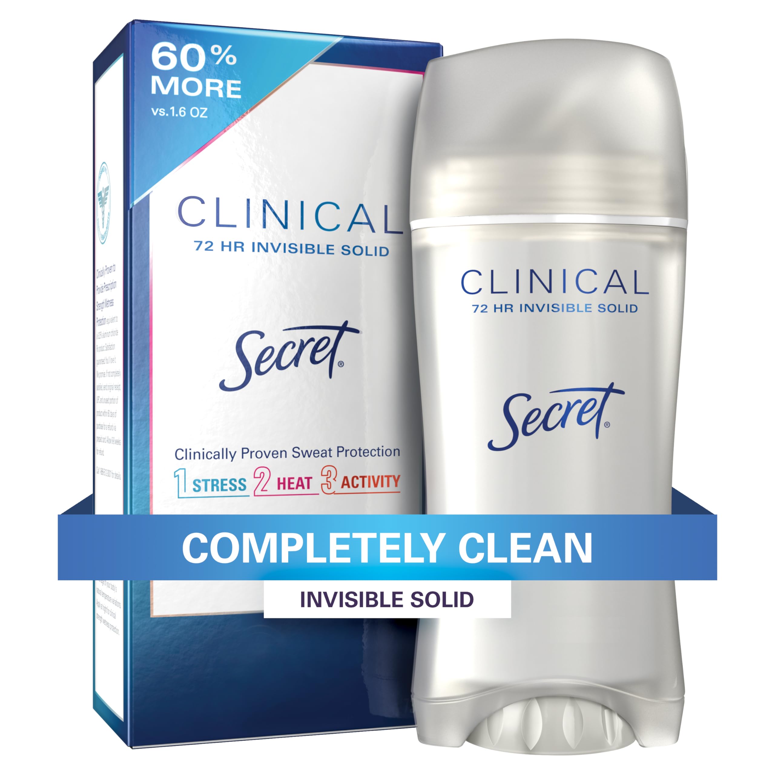 Secret Deodorant and Antiperspirant Clinical Strength for Women, 3X Stress Sweat Protection, PH Balancing Minerals, Invisible Solid, Completely Clean Scent, 2.6 oz