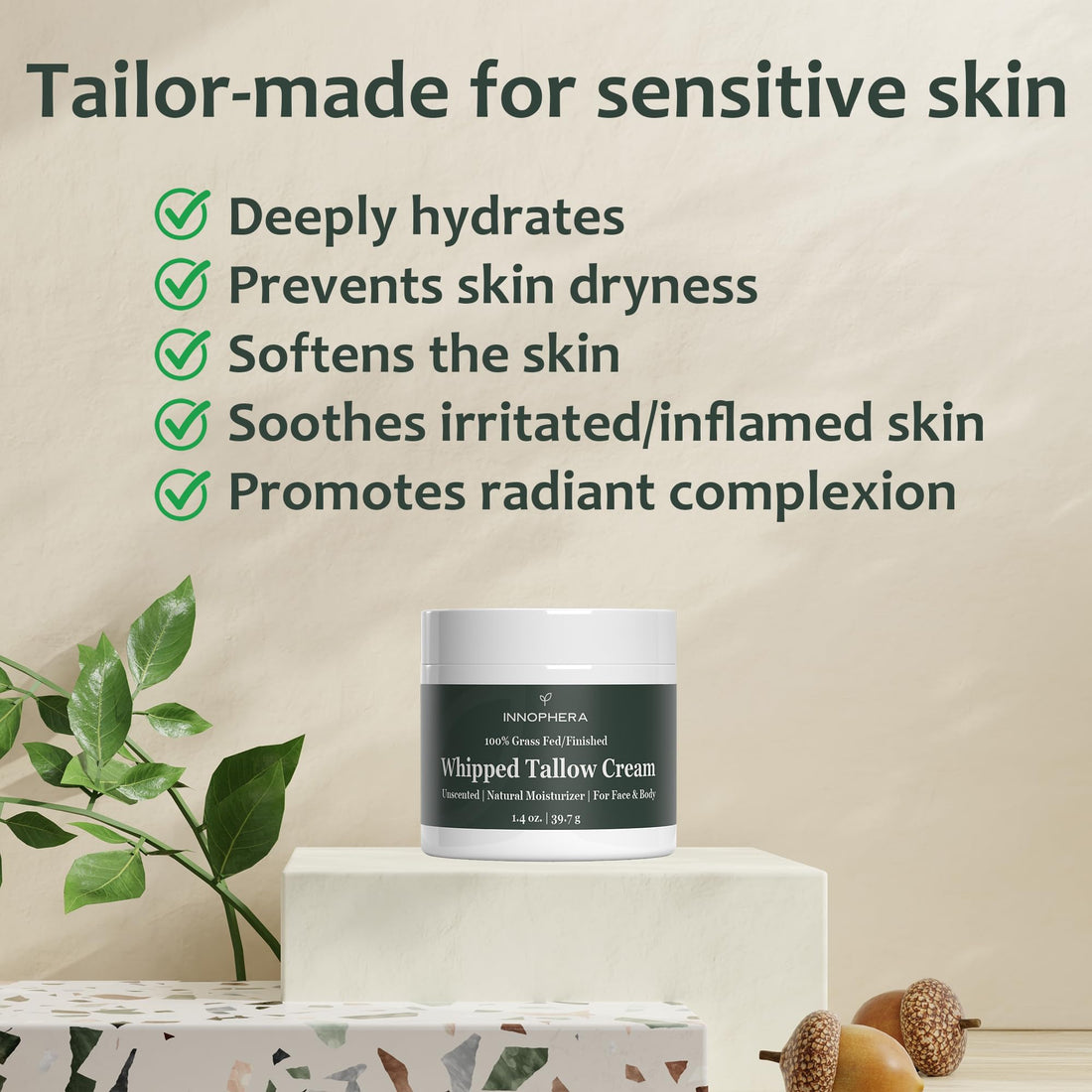 Innophera Whipped Beef Tallow Cream for Skin Care  Grass Fed & Grass Finished  100% Natural Moisturizer for Sensitive Skin  Handmade Face & Body Lotion  Unscented & Odorless  1.4 oz.