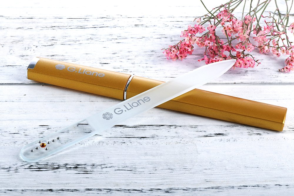 G.Liane Gold Cross: Glass Manicure File with Swarovski Crystals â€“ G. Liane Shape and Smooth Nail File Tool with Case Best for Gentle & Safe Nail Care Kit for Beautiful Fingernails (Gold Cr