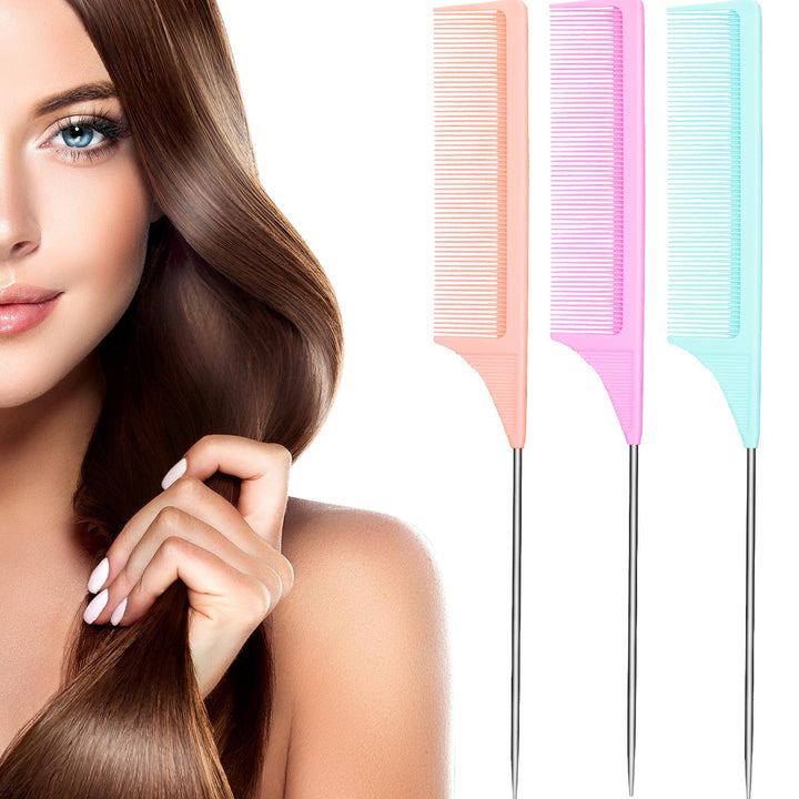 3 Packs Rat Tail Comb Steel Pin Rat Tail Carbon Fiber Heat Resistant Teasing Combs with Stainless Steel Pintail (Light Blue, Light Pink, Light Purple)